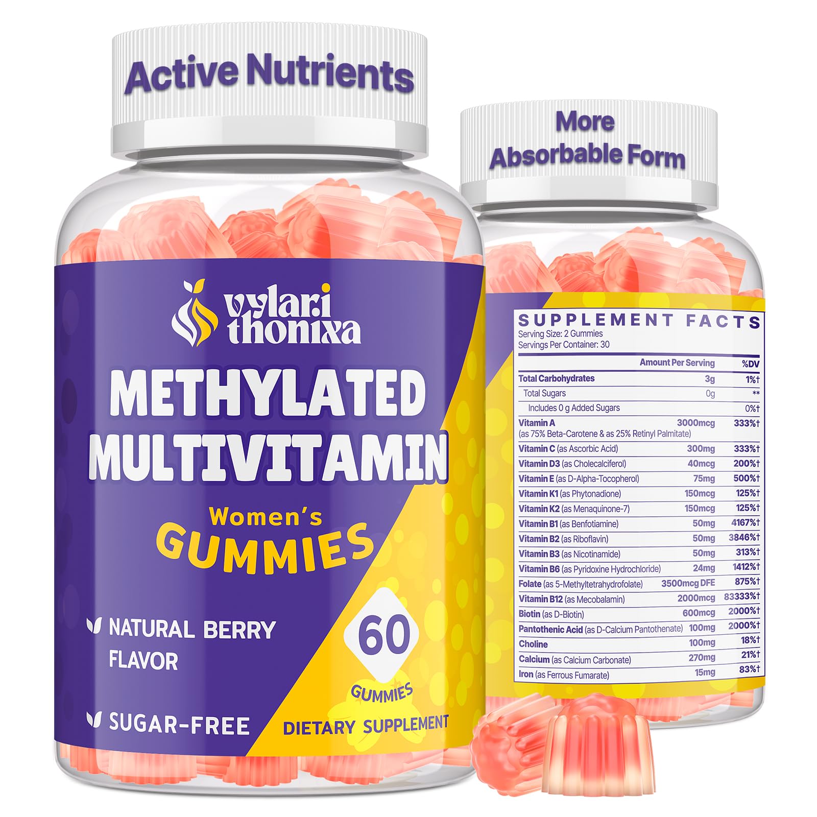 Vylarithonixa Methylated Multivitamin Gummies for Women – MTHFR Supplement Contains Methylfolate, Methylated B12, TMG & Vitamins A C E K – Energy, Immune & Skin Support VylarithonixaUS supplements