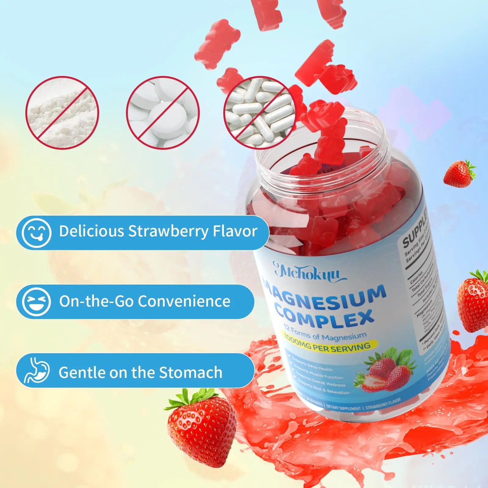 Magnesium Complex Gummies 1000mg | 12-in-1 Magnesium Complex Supplement with Glycinate, Citrate, Malate & Taurate Supports Muscle Function, Bone Health, Rest & Relaxation – Strawberry Flavor, 60 Count Mchokuunz supplements