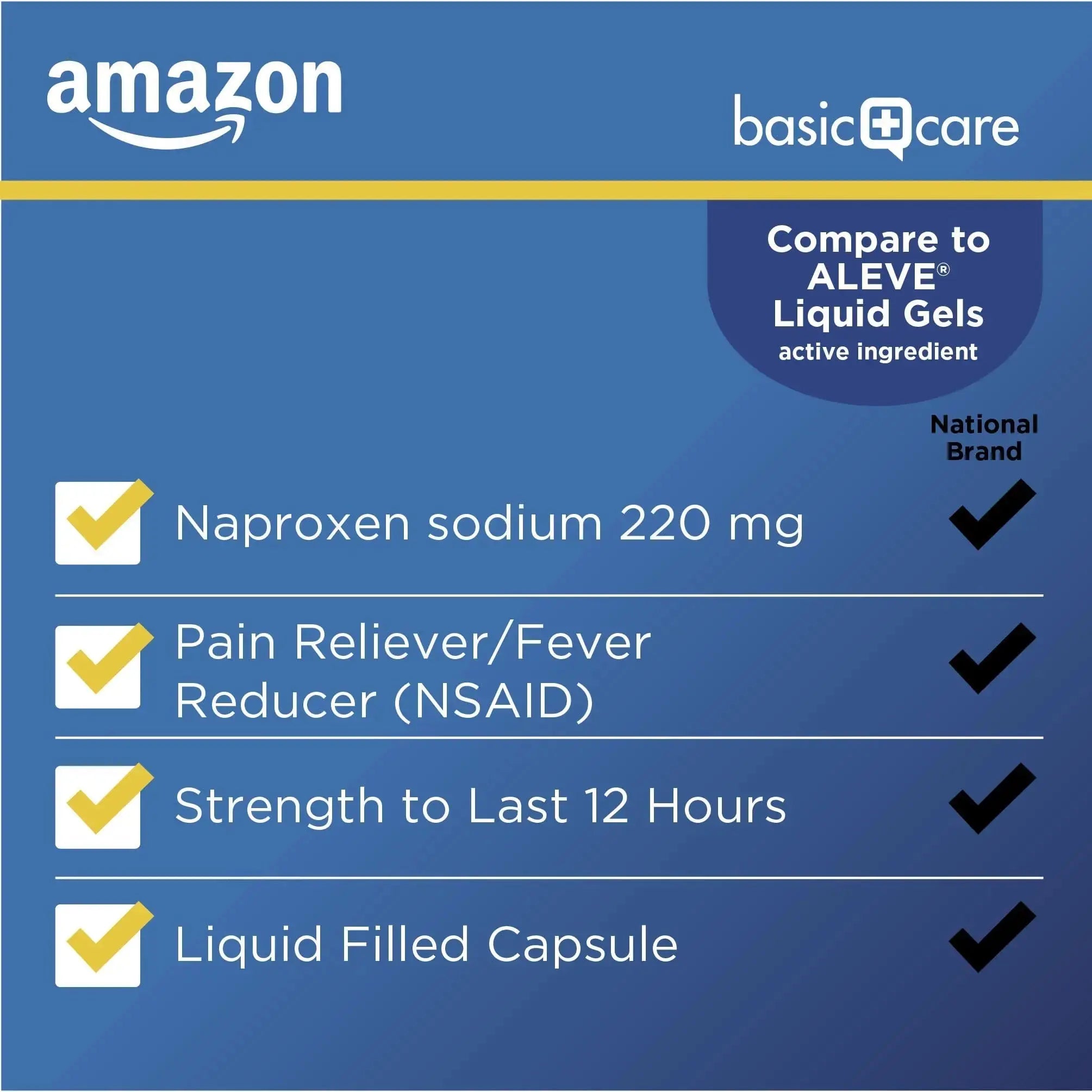 Amazon Basic Care Naproxen Sodium 220 mg Liquid Gels, Pain Reliever/Fever Reducer (NSAID), Headache, Backache, Menstrual Pain, Arthritis Pain, 12-Hour Relief, 180 Count (previously A+ health) Amazon Basic CareAu supplements