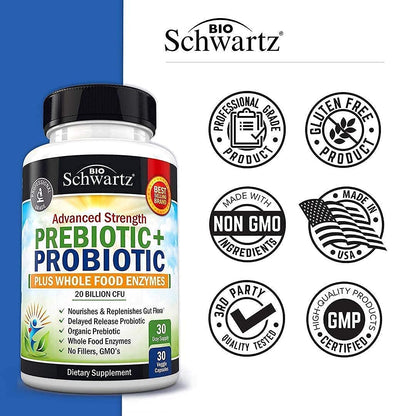 Probiotic & Prebiotic Digestive Health Capsules - 30ct, Gluten & Dairy Free, Non-GMO BioSchwartzUS supplements