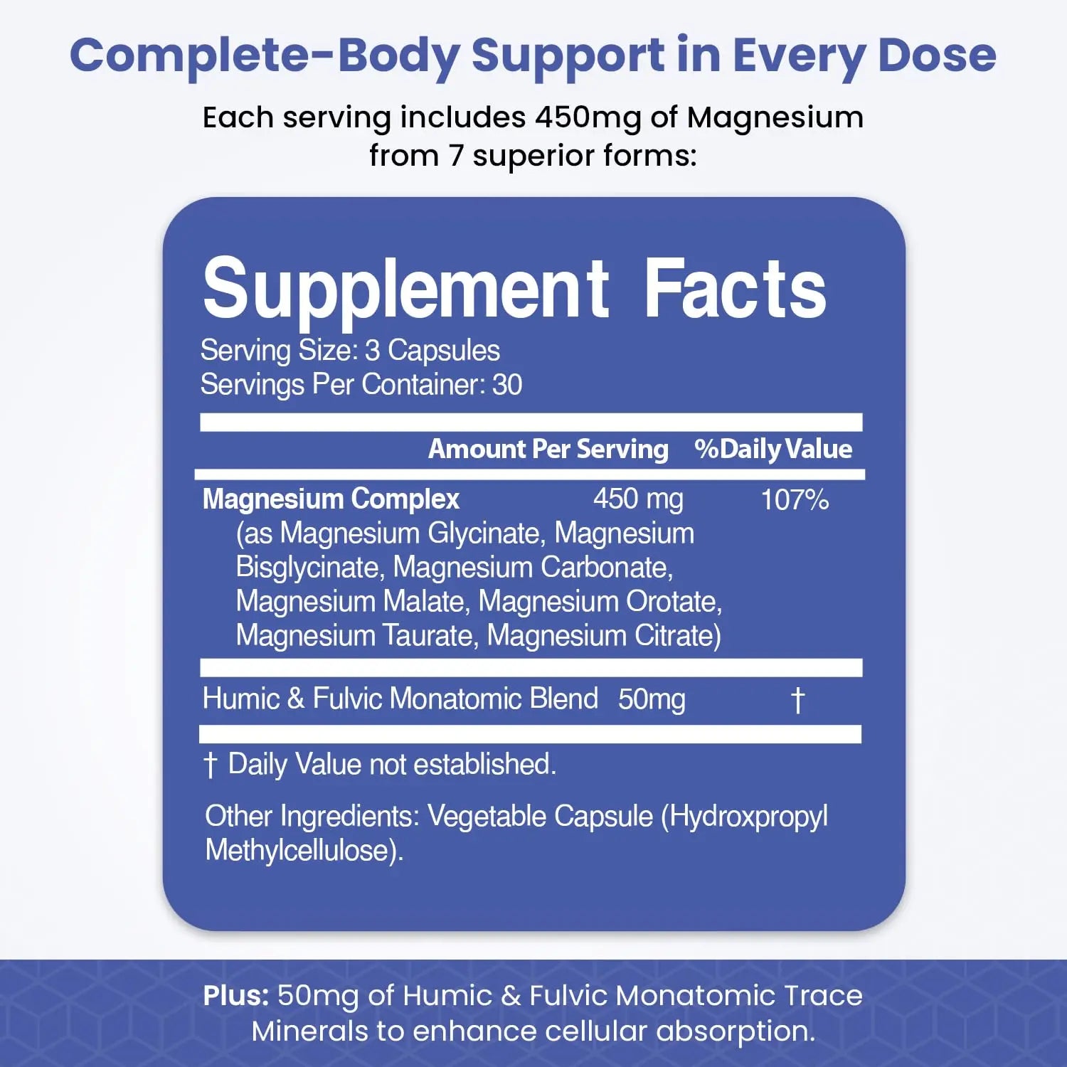 Magnesium Complex for Sleep, Relaxation, Digestion & Calm – Magnesium Glycinate, Citrate, Bisglycinate, Carbonate, Malate, Orotate, Taurate, + Humic/Fulvic for High Absorption - 90 ct. VITAMIZEDnz supplements