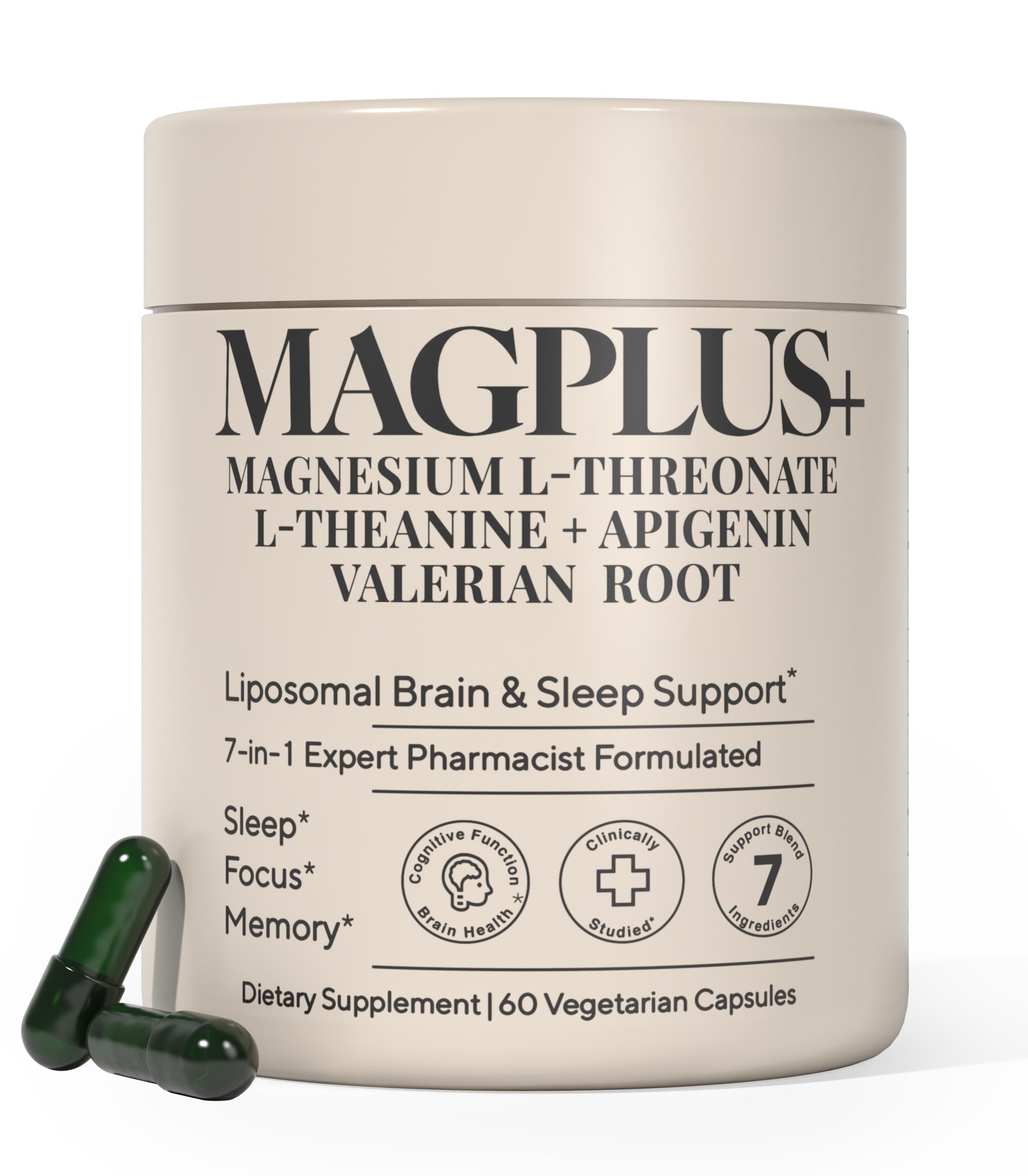 MAGPLUS+ Magnesium L-Threonate w Apigenin & L Theanine | 7-Ingredient Sleep Blend | Brain, Memory, & Sleep Support | Liposomal Magnesium Threonate Supplement (60 Capsules) Plus+UltraAu supplements