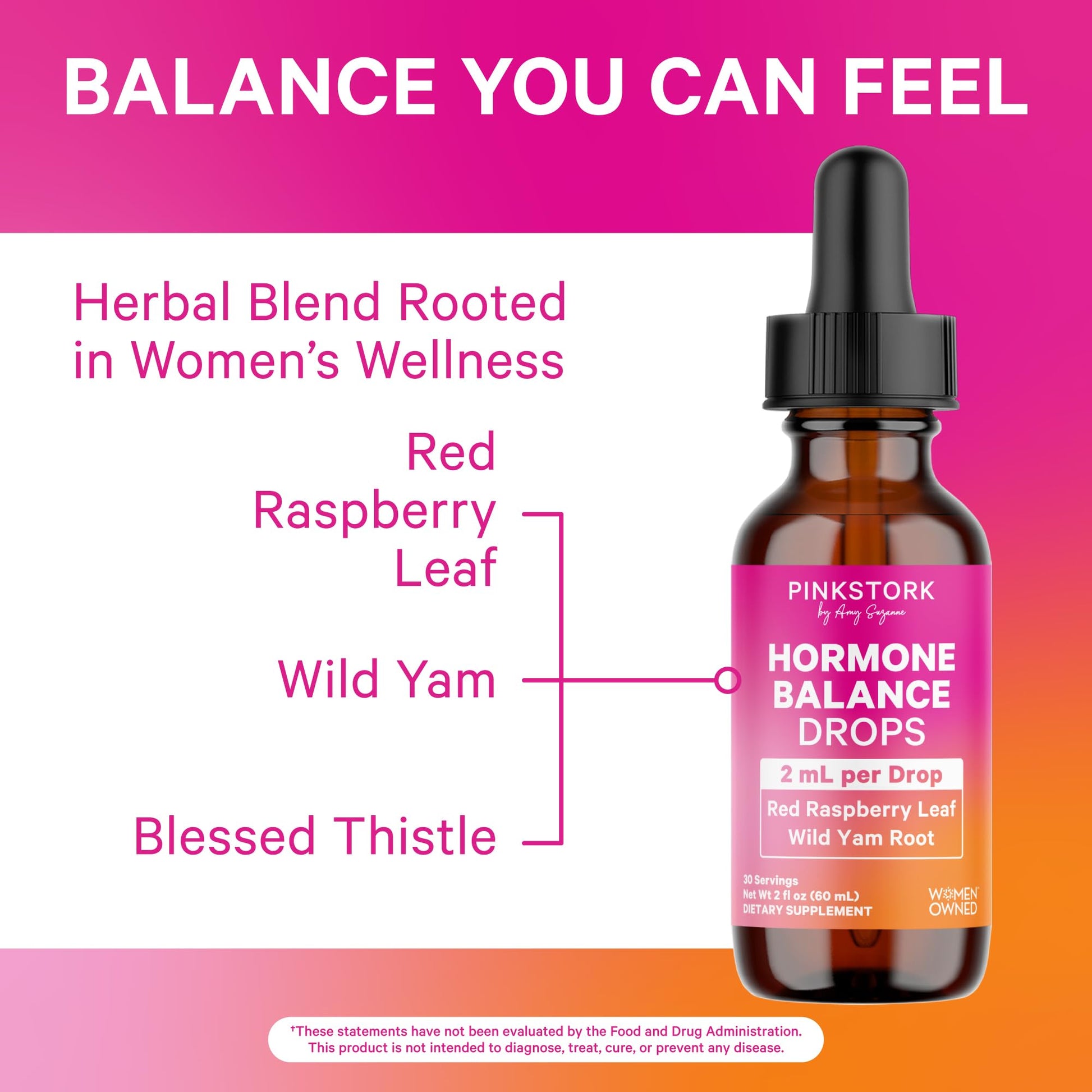 Pink Stork Hormone Balance Drops for Women - Supports Hormonal Health, PMS, Perimenopause & Mood, with Red Raspberry Leaf & Wild Yam - Liquid Supplement - Vegan, 2oz, 30 Servings Pink StorkAu supplements