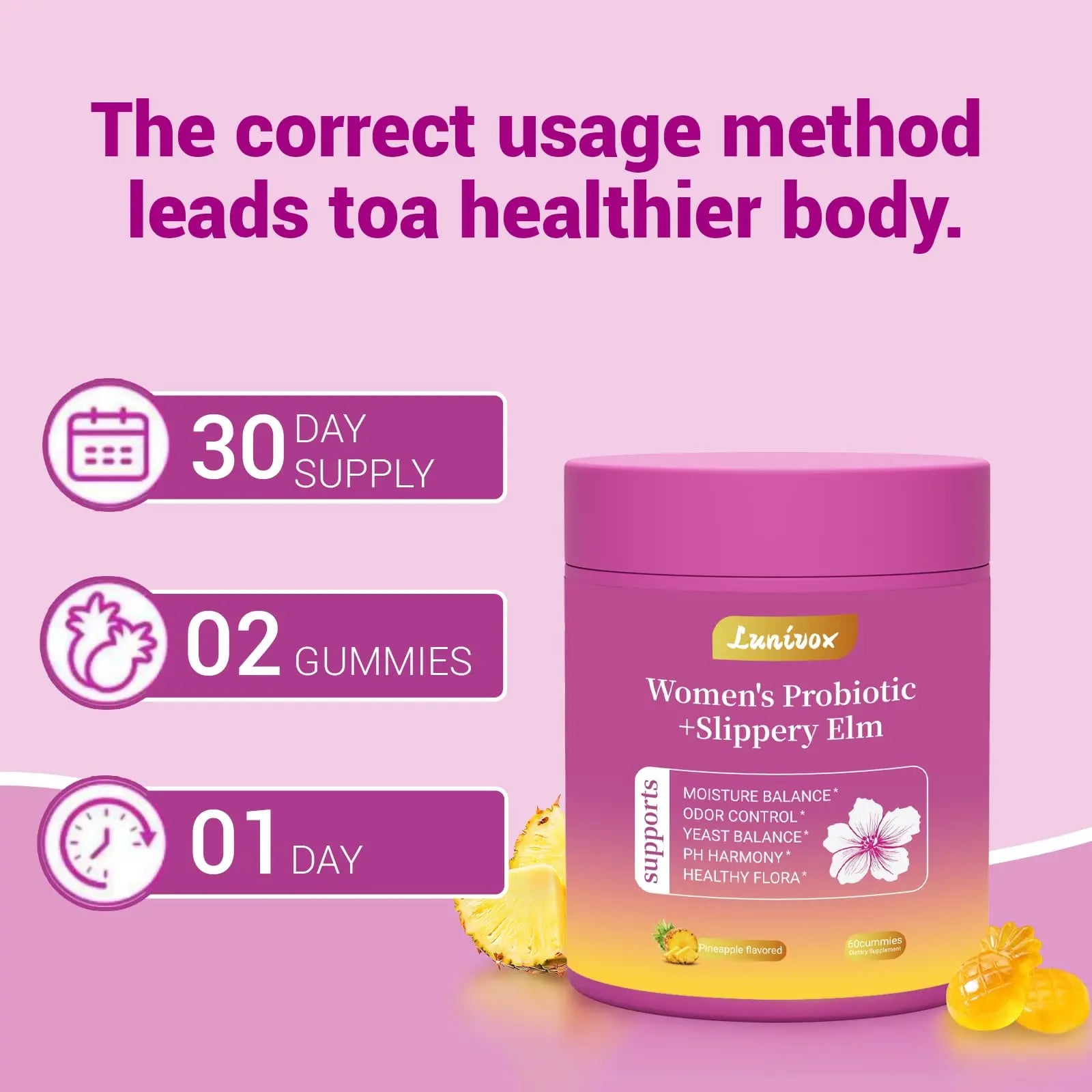 Lunivox Her Juicy Feminine Probiotics Gummies for Women, with Prebiotics & Slippery Elm - Promotes pH Balance, Gut Health & Immune Support - Pineapple Flavor, 60 Count Lunivoxnz supplements