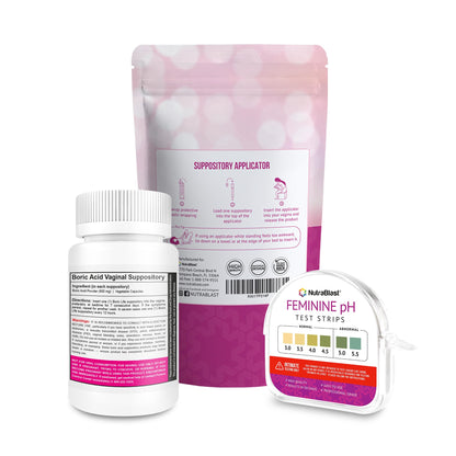 NutraBlast Boric Acid Suppositories 600mg (30 Count) Bundle with Disposable Suppository Applicators (15-Pack) and Feminine pH Test Strips 3.0-5.5 (100 Tests Roll) NutraBlastUS supplements