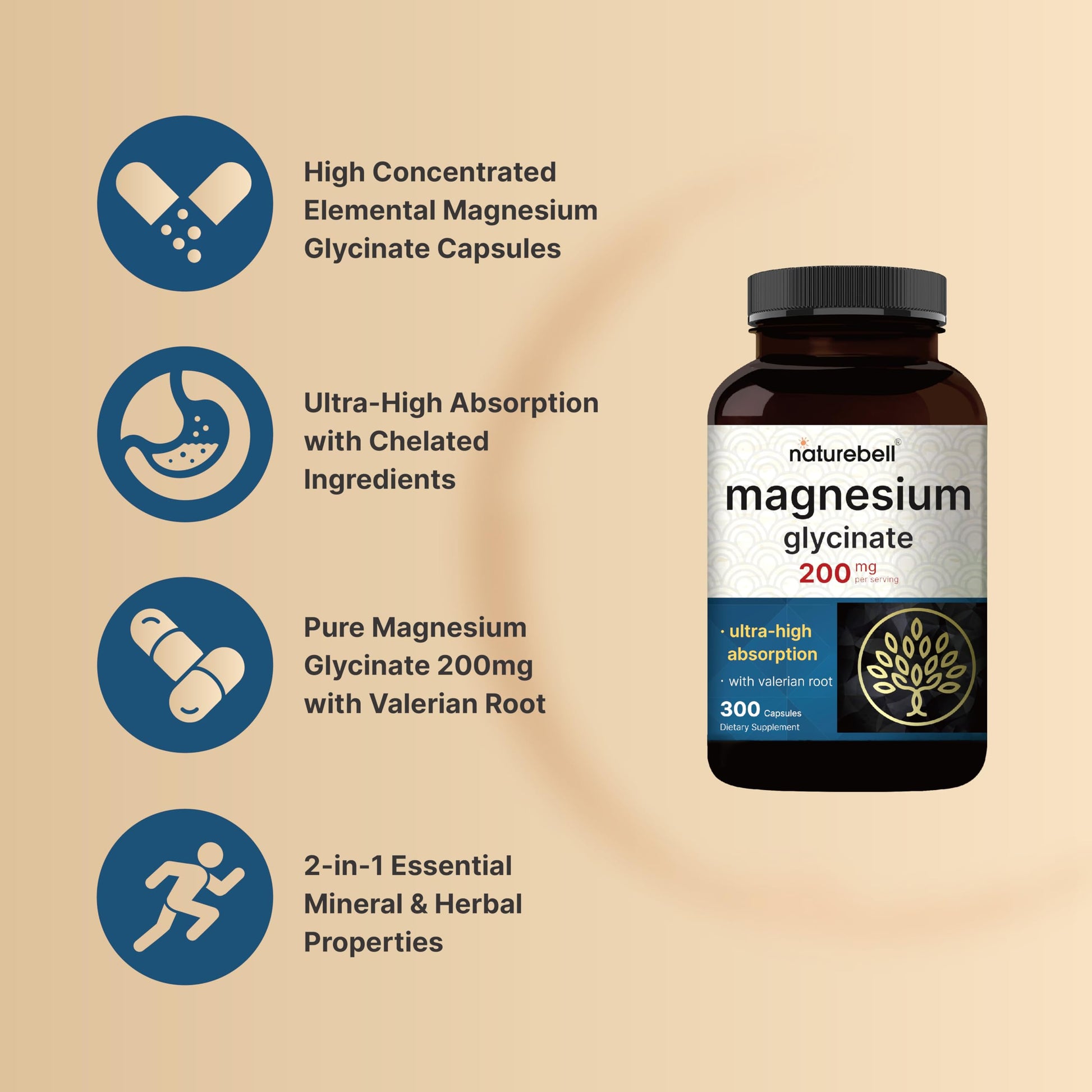 Pure Magnesium Glycinate for Sleep, 200mg with Valerian Root, 300 Capsules | 100% Chelated & Purified Mineral Supplement – Ultra High Absorption – Non-GMO, Gluten Free NatureBellAu supplements