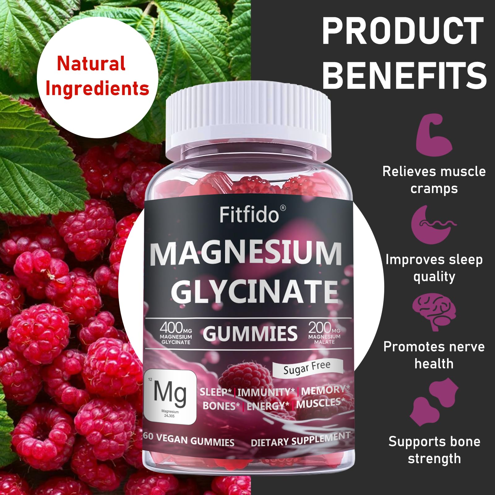 Magnesium Glycinate Gummies 400mg, Chewable Sugar Free Magnesium Supplement with Magnesium Glycinate, Magnesium Malate and Protein for Sleep, Relaxation, Brain & Muscle - Vegan (60 Count, Raspberry) FitfidoAu supplements