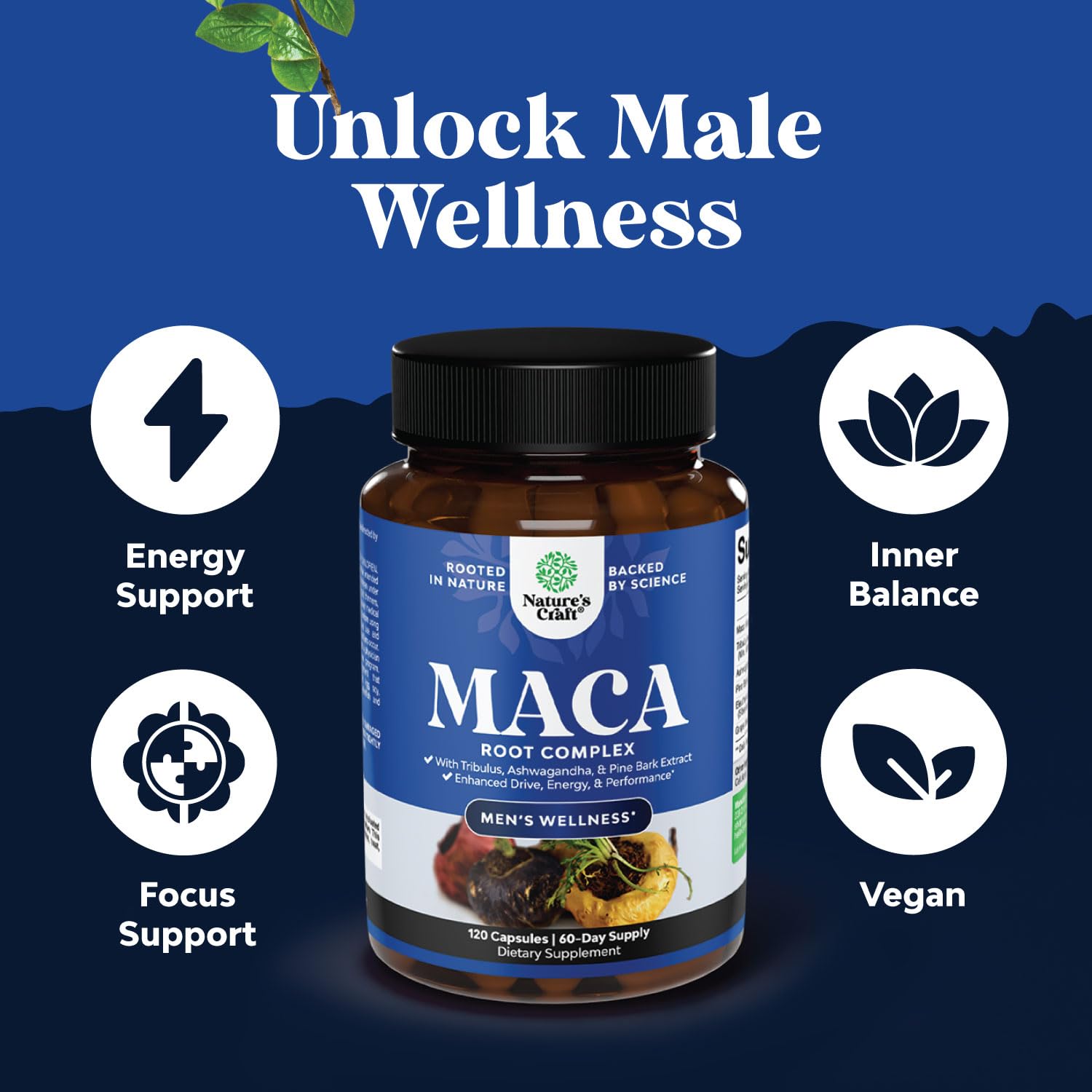 Potent Black Maca Root Capsules for Men - Herbal Wellness Supplement with Siberian Ginseng Ashwagandha and Black Maca Root - Men’s Wellness Supplement to Support General Health - 120 Count Natures CraftAu supplements