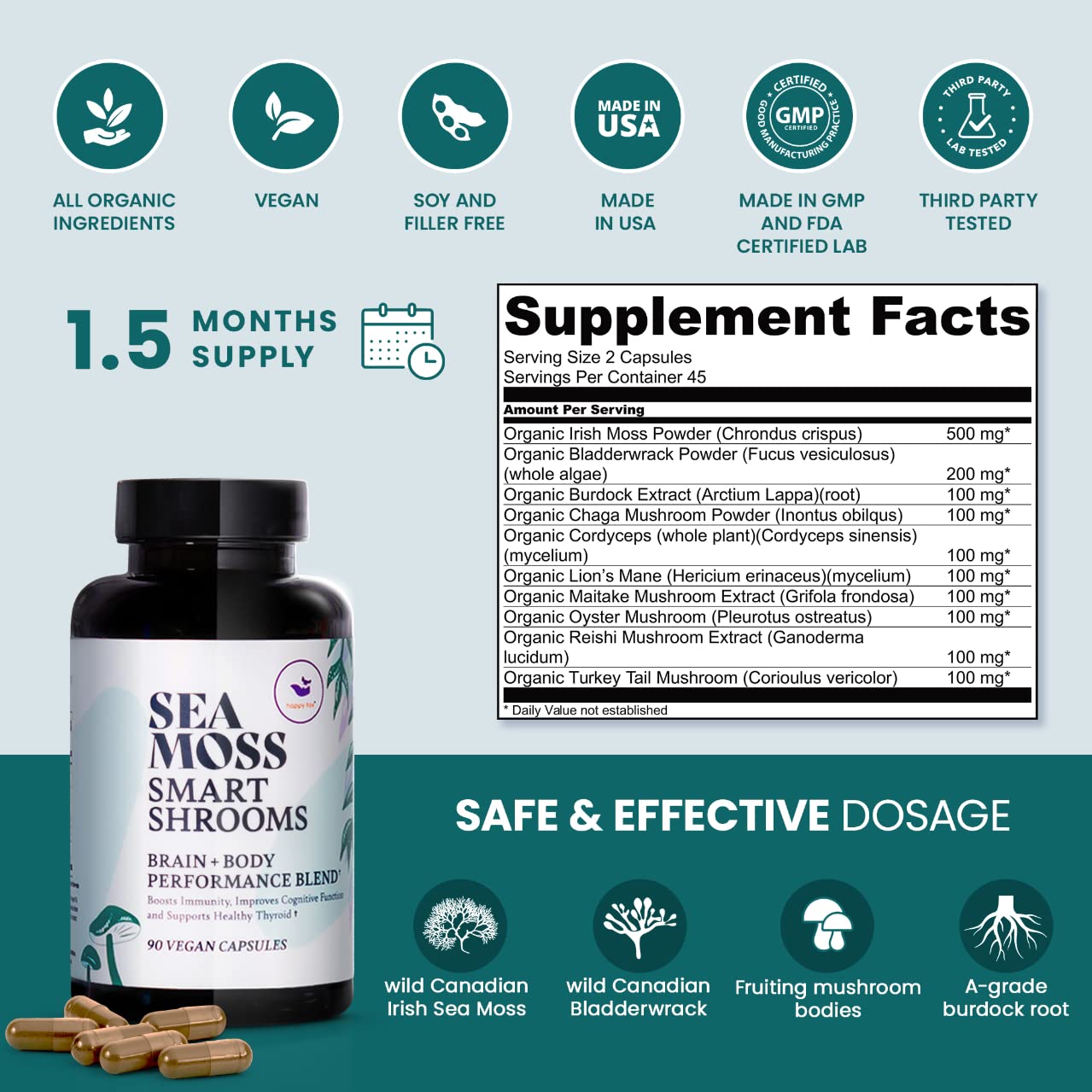 HAPPY FOX Irish Sea Moss Capsules & Mushroom Complex - Organic Seamoss with Adaptogens for Brain Health, 1500mg, 90 Vegan Capsules, Organic Mushroom Supplement HAPPY FOXAu supplements