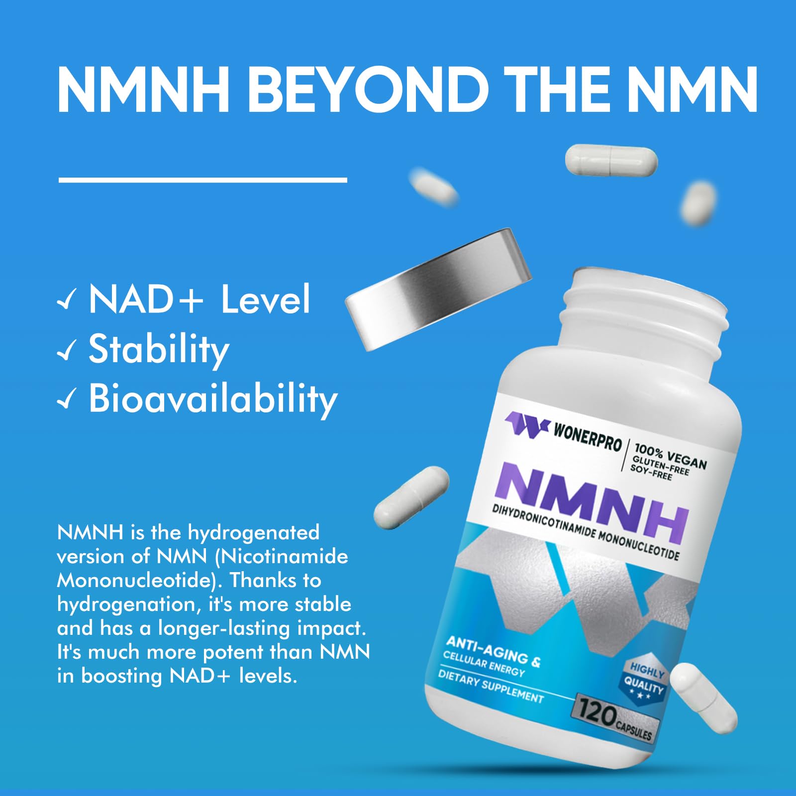 WONERPRO NMNH (NMN Supplement Alternative)，1000mg Per Serving NAD Supplement to Boost NAD+ Levels as We Age, for Anti Aging, Energy, Focus - 120 Capsule WONERPROAu supplements