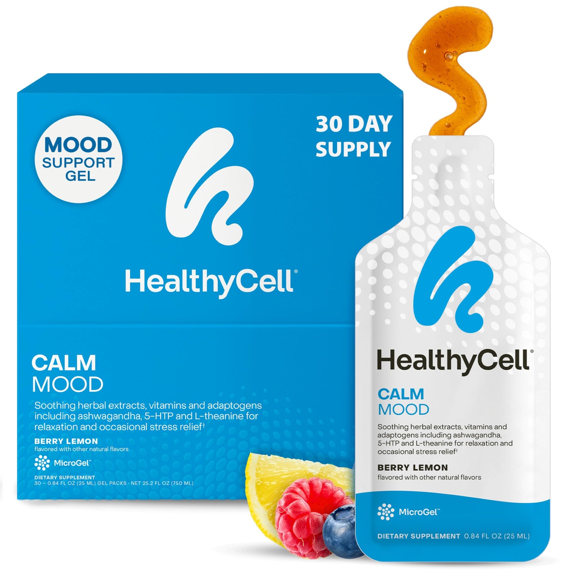 Healthycell Calm Mood Daily Liquid Supplement - Cortisol Manager & Mood Support Supplement for Stress with Ashwagandha, L-Theanine, Magnesium, 5-HTP, GABA & Saffron - 30 Gel Packs HealthycellAu supplements