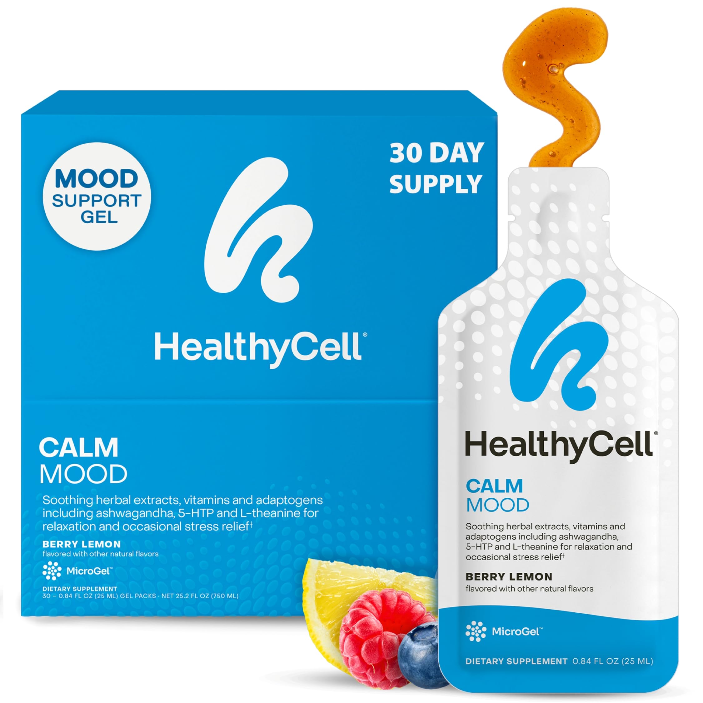 Healthycell Calm Mood Daily Liquid Supplement - Cortisol Manager & Mood Support Supplement for Stress with Ashwagandha, L-Theanine, Magnesium, 5-HTP, GABA & Saffron - 30 Gel Packs HealthycellAu supplements