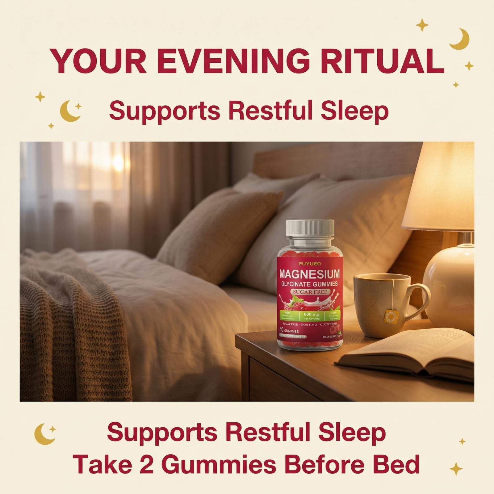 FUYUEO Magnesium Glycinate Gummies for Sleep & Relaxation, Sugar Free High Absorption Magnesium Supplement for Men & Women, Gentle on Stomach, Chewable, Raspberry, 60 Count (Pack of 1) FUYUEOAu supplements