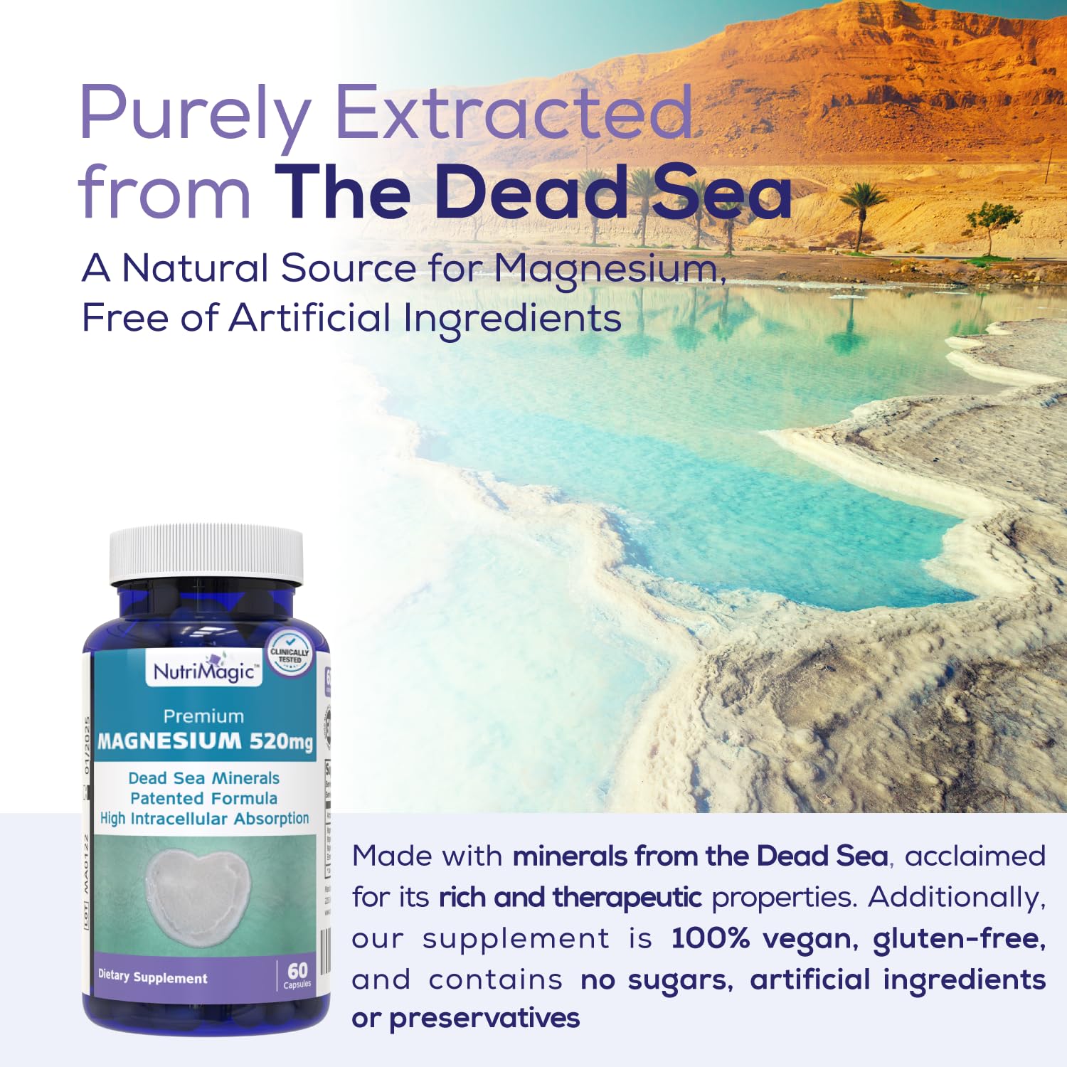 NutriMagic 520mg Patented High Absorption Elemental Magnesium from Oxide, Dead Sea Minerals Complex (1 Bottle, 2-Month Supply (60 Capsules)) NutriMagicAu supplements