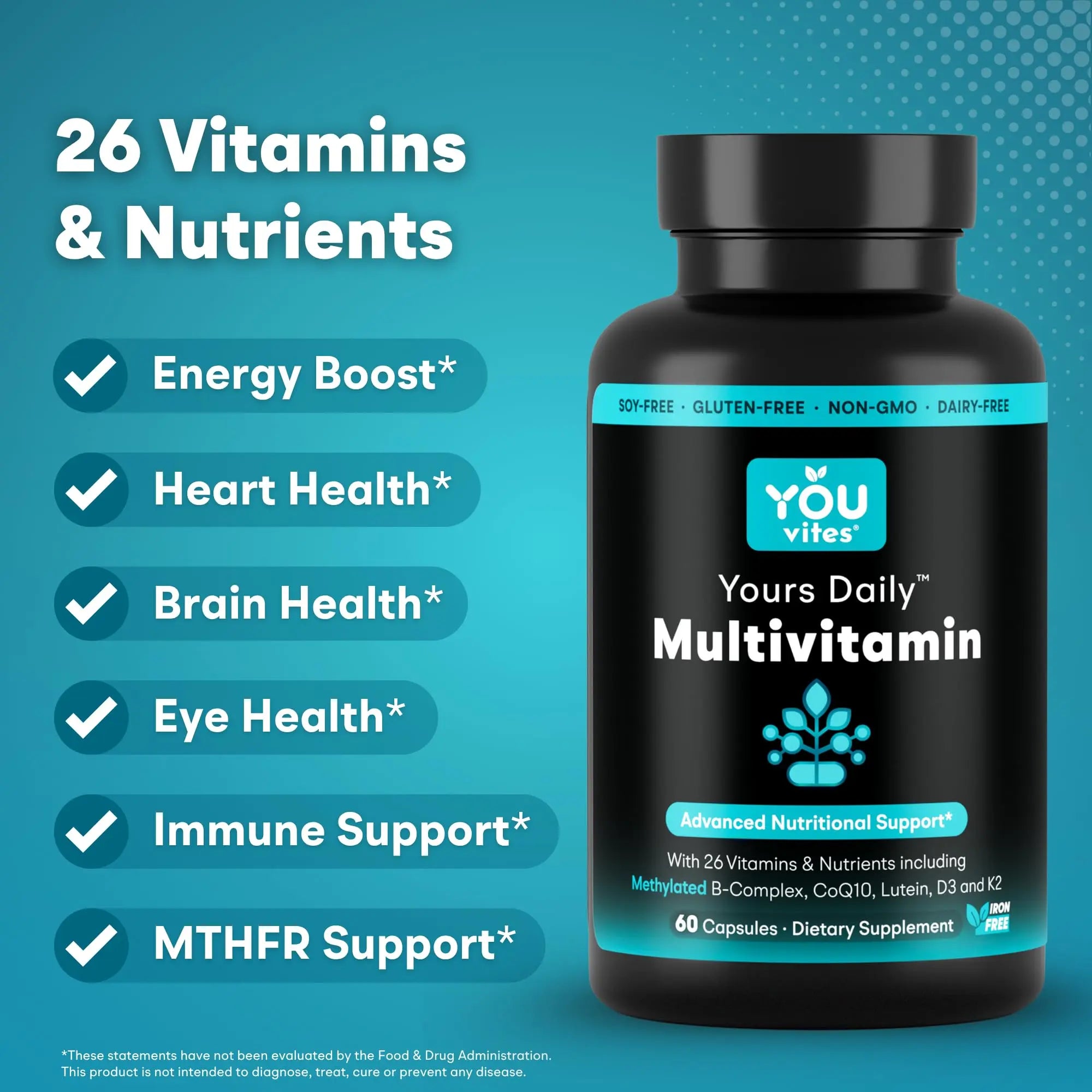 You Vites - Methylated Multivitamin for Men and Women, Methyl Multi Without Iron - 60 Capsules, MTHFR Supplement with Methyl B12, Methylfolate (5-MTHF), CoQ10 for Energy, Heart and Mood Support You Vitesnz supplements