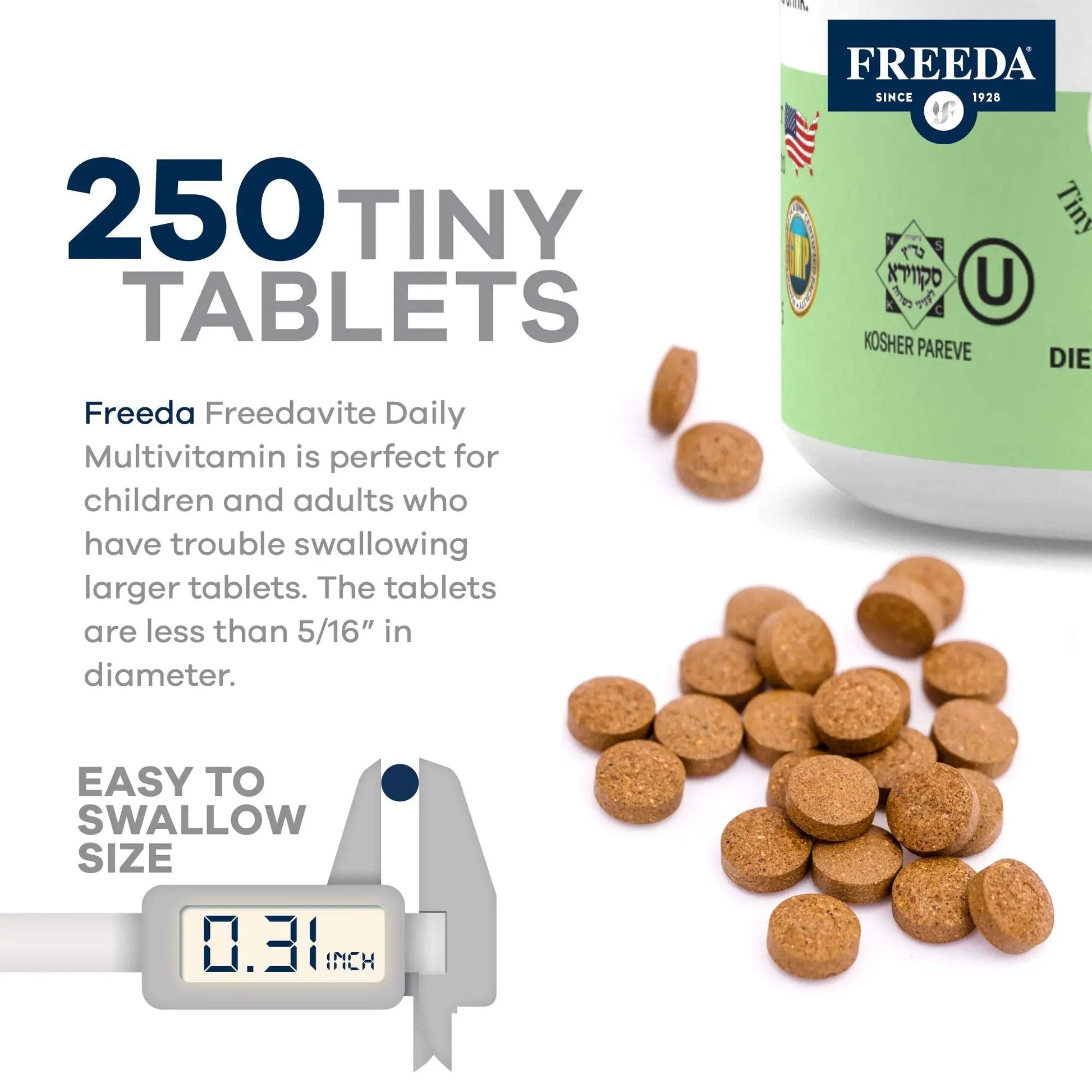 Freedavite Tiny Tablet - Moderate Multivitamin for Men and Women - Pure Vitamin A, C, D, E, B1, B2, B6, B12, Biotin, Calcium, Zinc, Iron, Magnesium FREEDAAu supplements