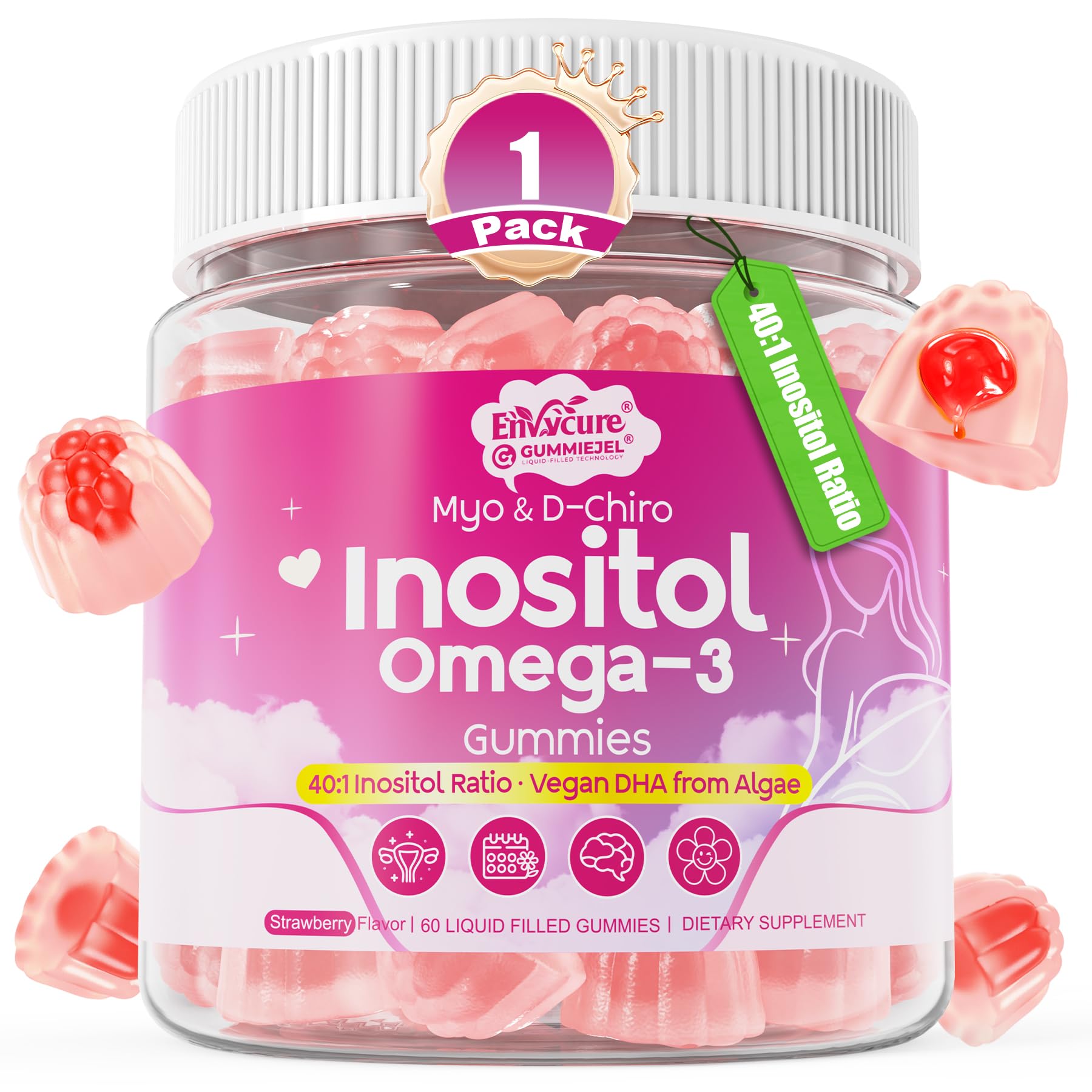 Myo-Inositol & D-Chiro Ideal 40:1, Inositol + Omega-3(3:1) Gummies, Hormone Balance for Women | Sugar Free Inositol Gummies w/Omega 3 DHA:EPA (3:1), Inositol Supplement for Cycle Health, Vegan, 60 Ct EnvyCureAu supplements