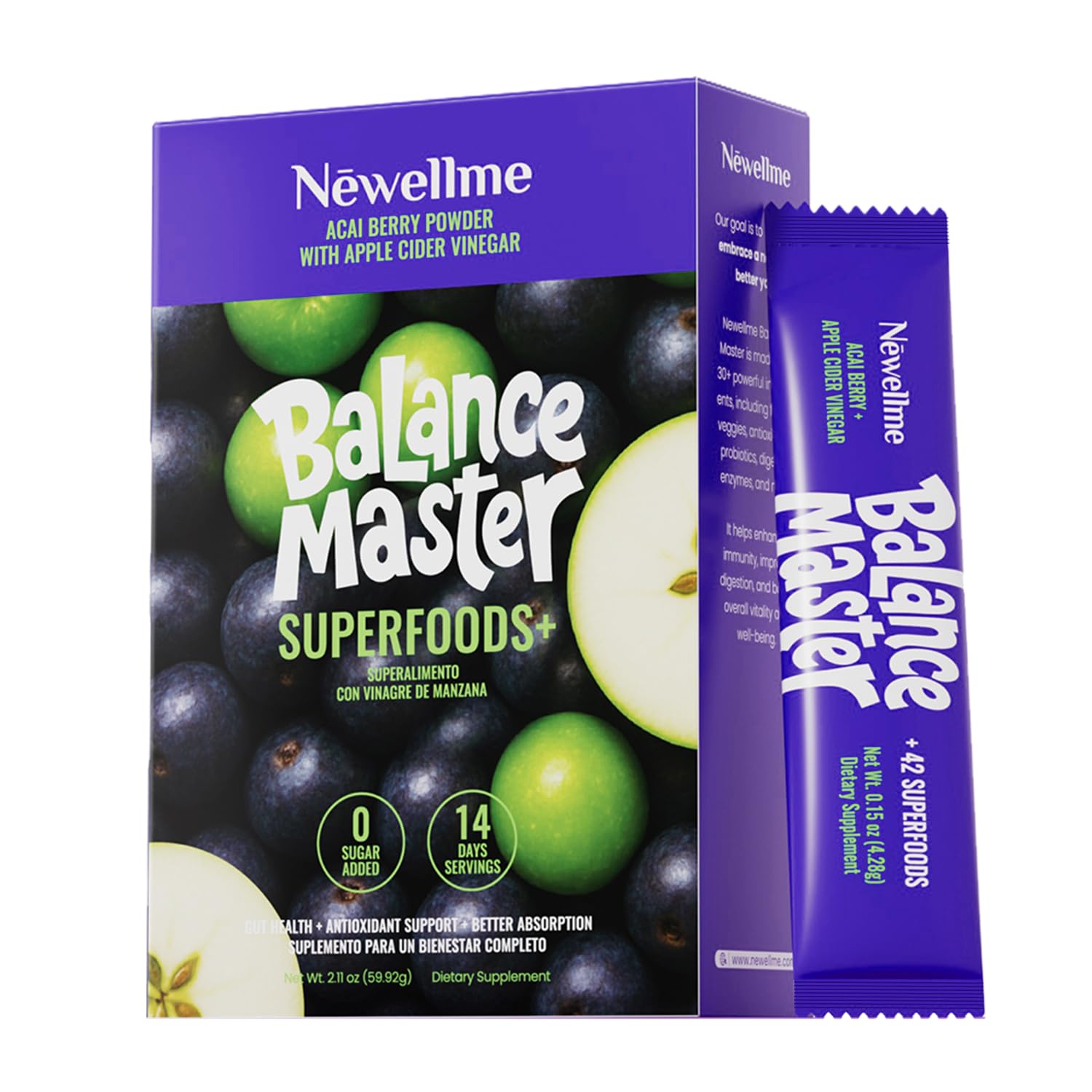 NEWELLME Balance Master Acai Apple Cider Vinegar Powder, Healthy Blood Sugar Support, Probiotics & Digestive Enzymes for Metabolic Support, Vegan Non-GMO, 14 Servings NEWELLMEAu supplements