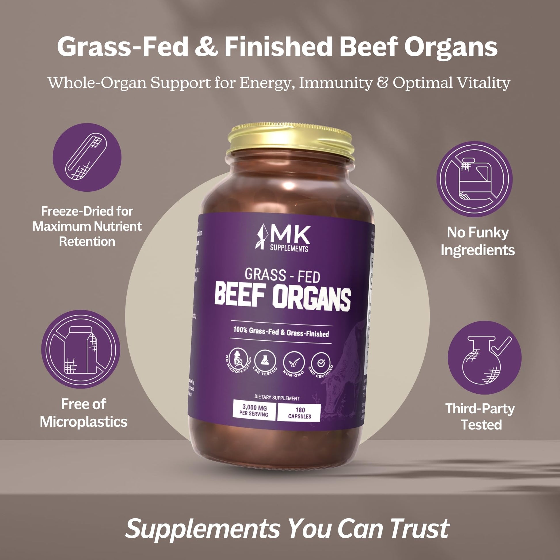 MK Supplements Grass-Fed Beef Organs Capsules | 5 Organs in Nature-Identical Ratios | B12, Copper & Heme Iron | Regeneratively Raised | 150 Capsules MK SupplementsAu supplements