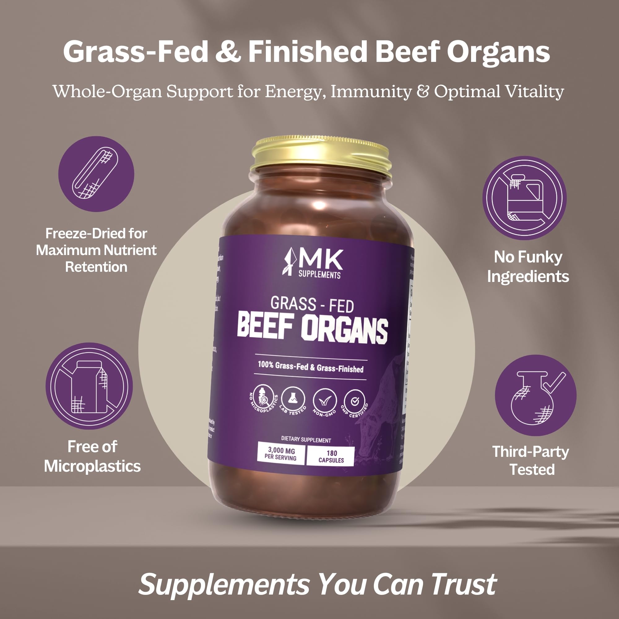MK Supplements Grass-Fed Beef Organs Capsules | 5 Organs in Nature-Identical Ratios | B12, Copper & Heme Iron | Regeneratively Raised | 150 Capsules MK SupplementsAu supplements