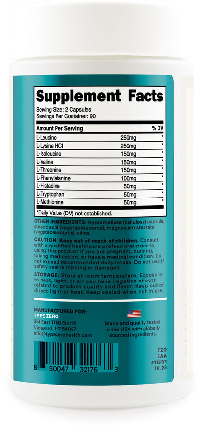 Type Zero Clean EAA Capsules (1,200mg per Serving), Essential Amino Acids Supplement with 9 EAAs, 180 Capsules, 90 Servings Type ZeroUS supplements