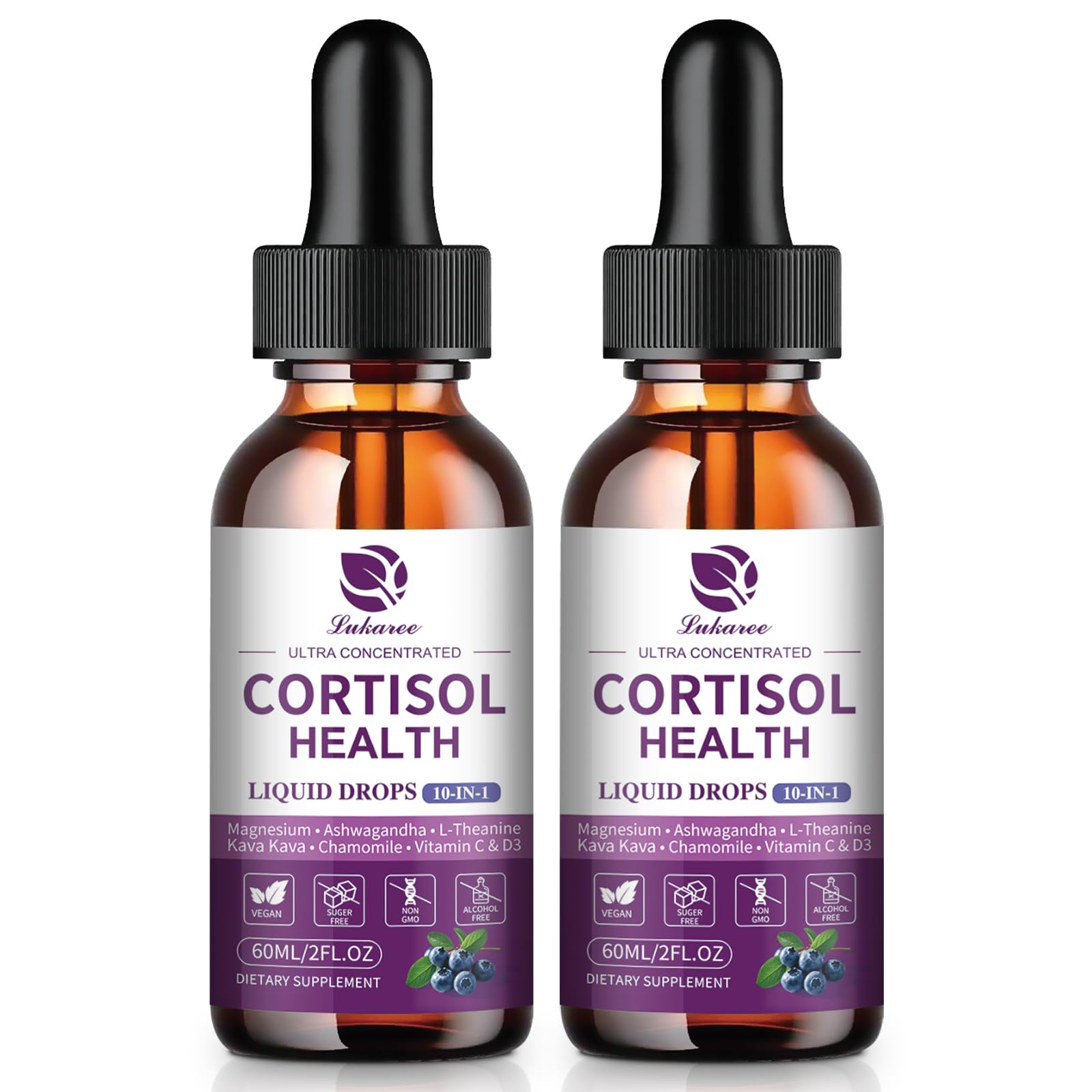 Lukaree Cortisol Supplements for Women, 10 in 1 Cortisol Reducer Detox with Ashwagandha, L-theanine, Kava Kava, Magnesium, Lower Cortisol, Mood, Focus, Sleep Support - 2 FL.OZ, Blueberry Flavor LukareeAu supplements