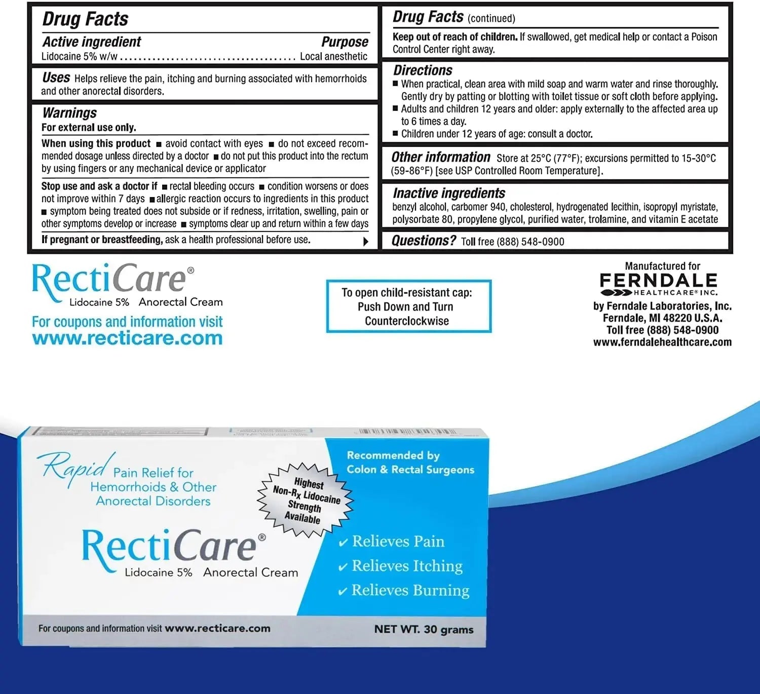 Recticare Anorectal Lidocaine 5% Cream: Topical Numbing Cream for Treatment of Hemorrhoids & Other Anorectal Disorders - 30g Tube RecticareAu supplements