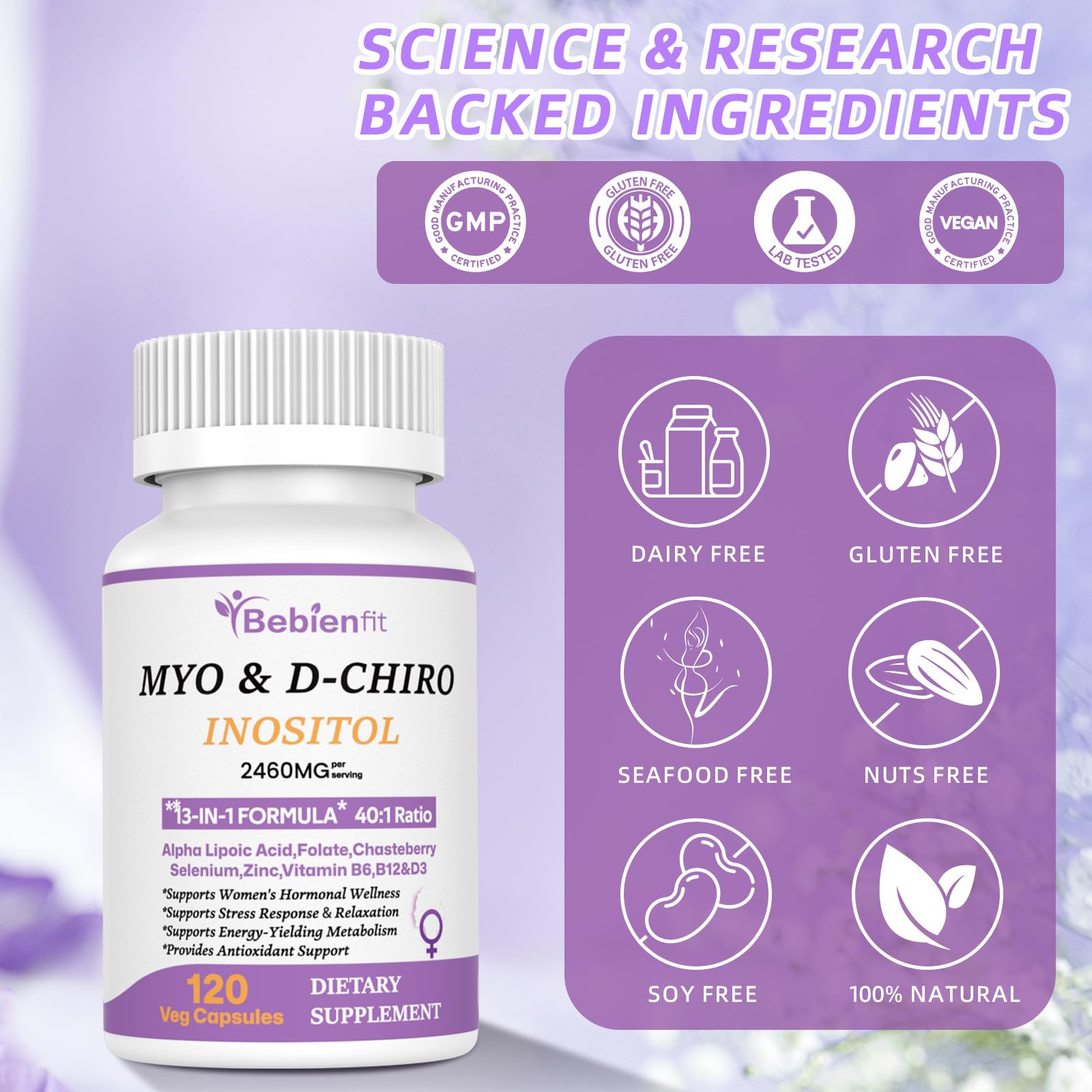 13-in-1 Myo Inositol & D-Chiro Inositol for Women PCOS,Hormonal Balance,2460mg-40:1 Ratio,Ovarian Health&Cycle Support Supplement Plus Alpha Lipoic Acid/Folate/Vitex/Magnesium/Multivitamin,120 Veg Cap Bebien fitAu supplements