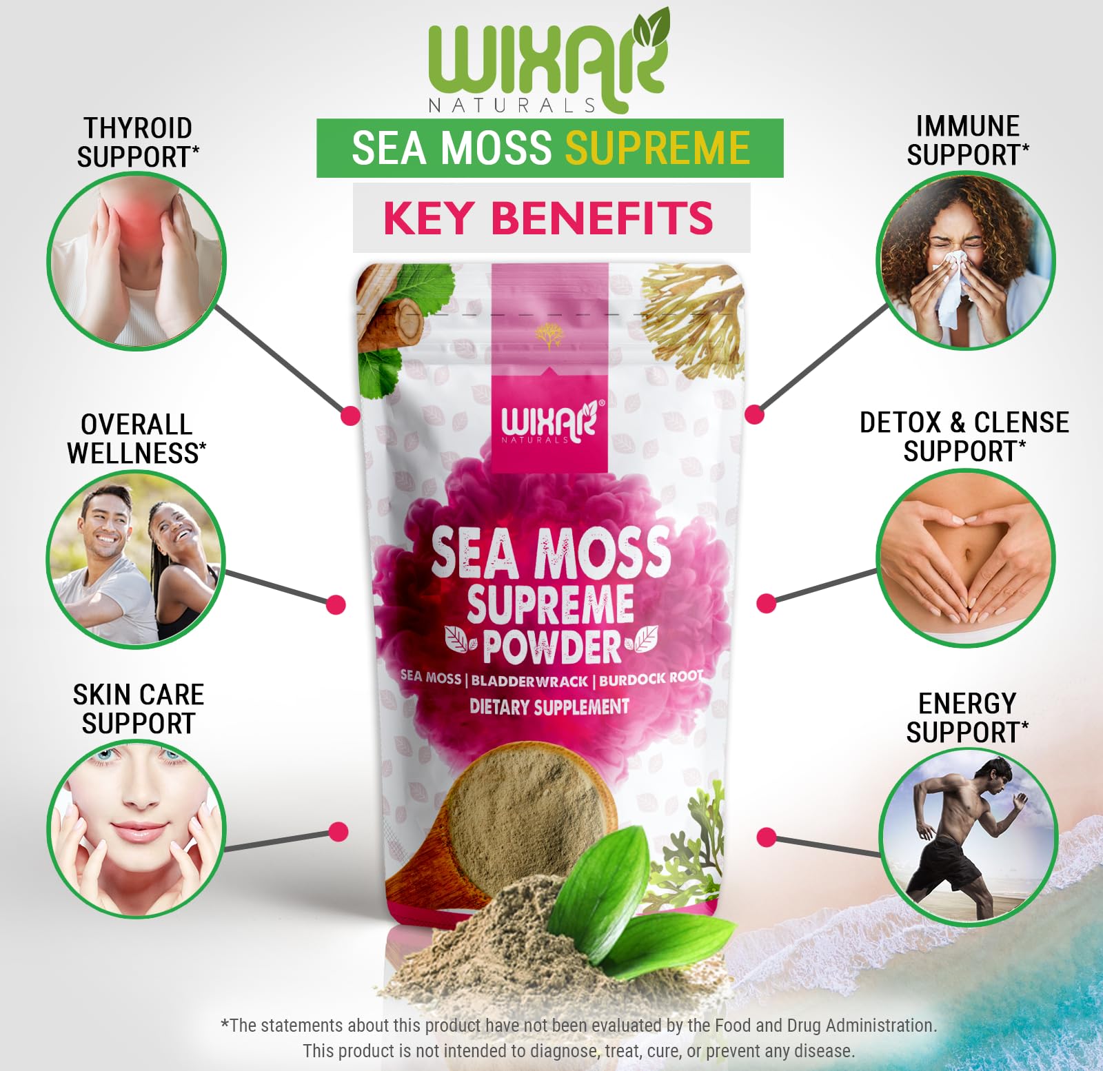 Wixar Wildcrafted Sea Moss Powder – (8 Ounces) – Natural Irish Sea Moss and Bladderwrack with Burdock Powder - Thyroid Support, Healthy Skin, Keto Detox, Joint Support Alkaline Supplements WIXAR NATURALSAu supplements