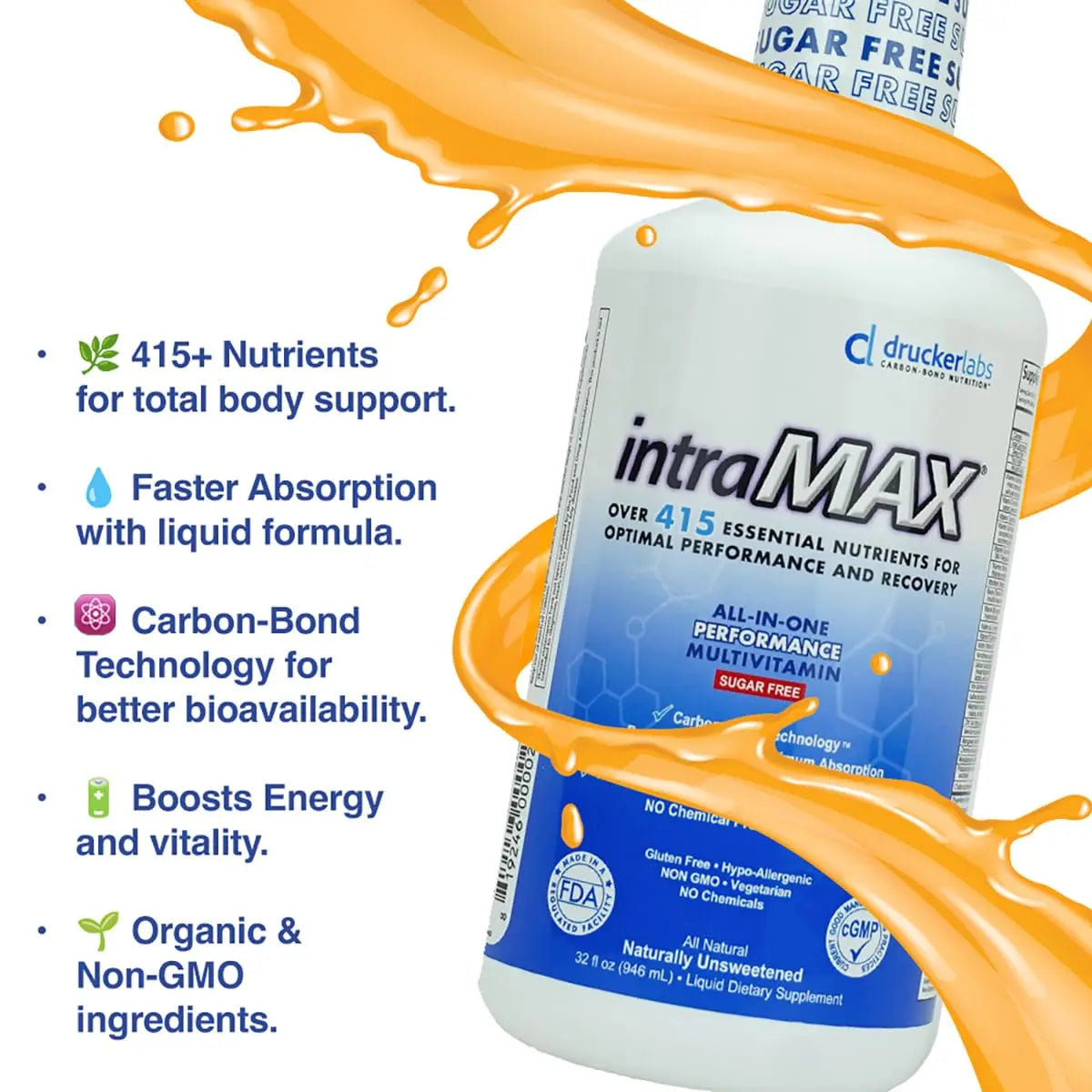 intraMAX Drucker Labs Organic Sugar-Free All-in-One Performance Liquid Multivitamin for Men & Women | Non-GMO, Gluten & Dairy Free | with Magnesium, Zinc, Vitamins D, C & E | 32 oz intraMAXnz supplements