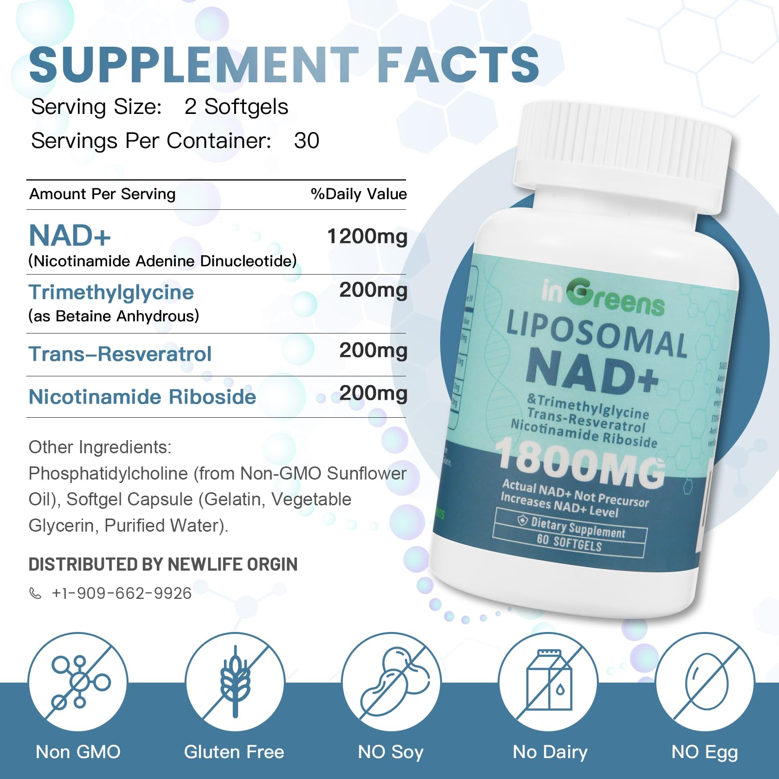 inGreens Liposomal NAD+ Supplement 1800 mg with Nicotinamide Riboside, Trans Resveratrol, Trimethylglycine，Replaces NMN, Boost NAD+, Aging Defense，Cellular Energy, 120 Softgels inGreensAu supplements