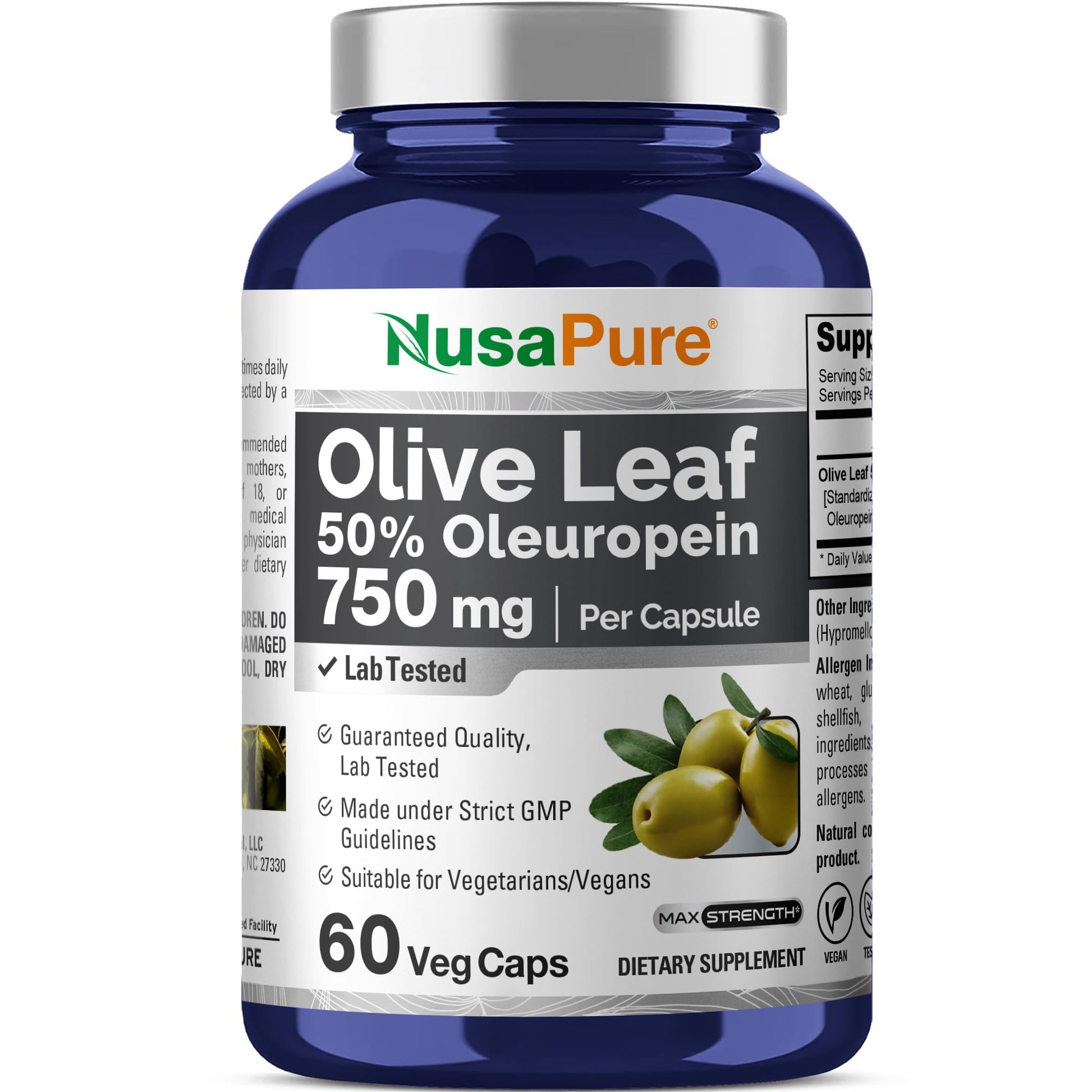 NusaPure Olive Leaf Extract 750 mg - 50% Oleuropein - Vegan and Vegetarian Non-GMO - Super Strength - No Oil - 60 Capsules NusaPureAu supplements