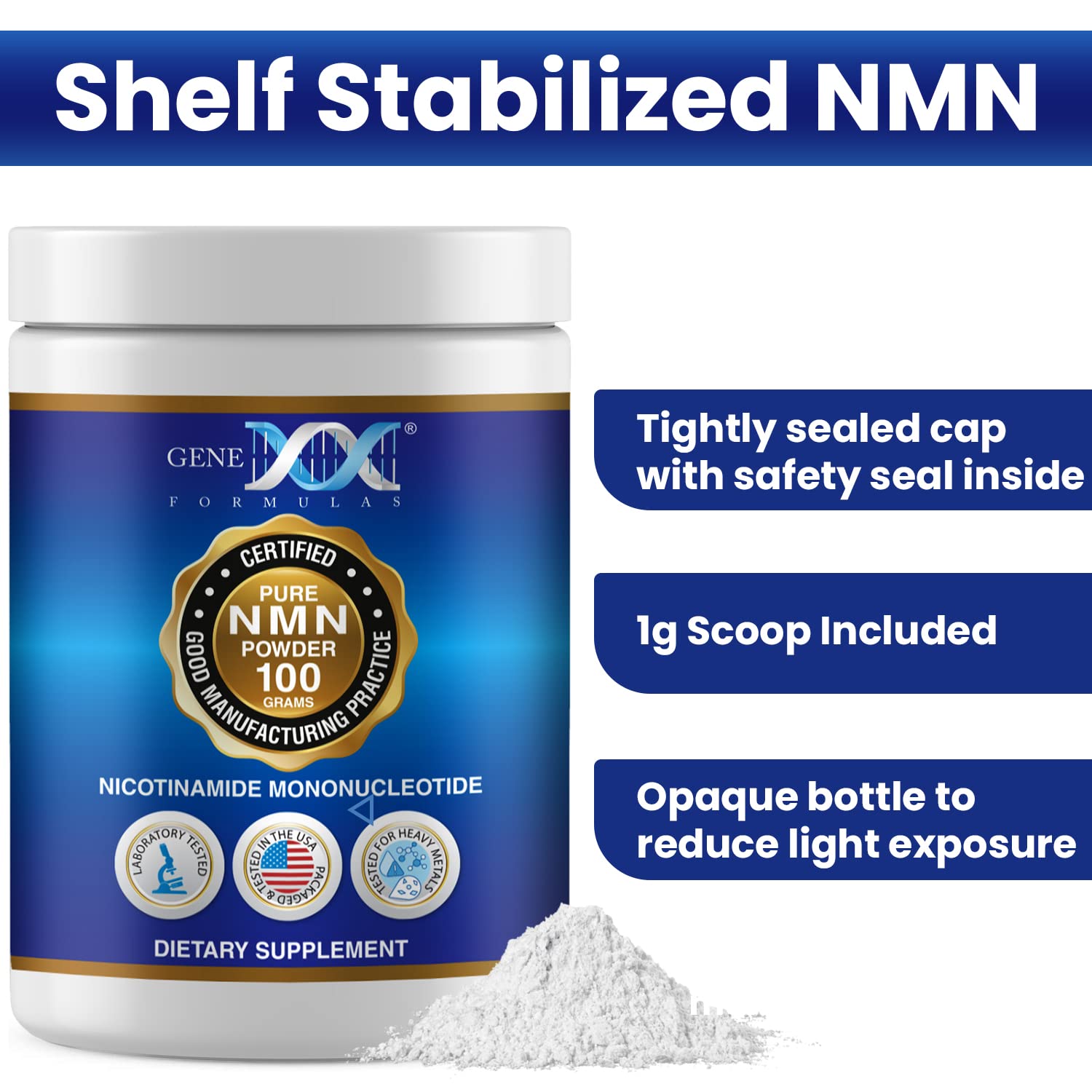 Genex Formulas Pure NMN Powder 100 Grams, Instant Dissolve, Shelf Stable, Non-Synthetic, PVP Free, Ultra-Low Density, 99.9% Pure NMN, Made in a US-Based, GMP, NSF & FSSC 22000 Certified Facility Genex FormulasAu supplements