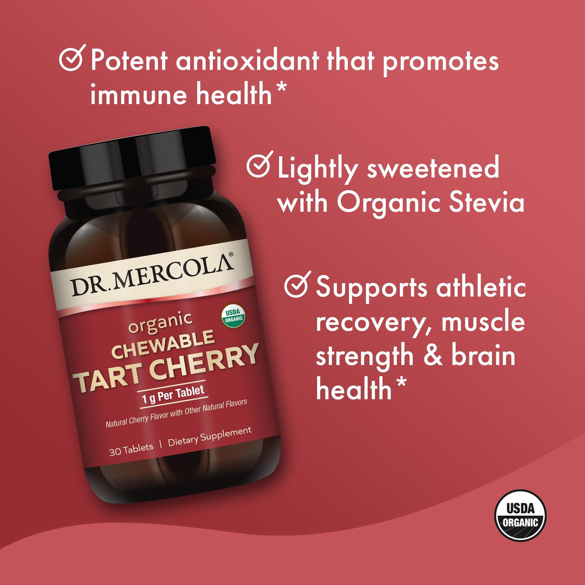 Dr. Mercola Organic Chewable Tart Cherry - Antioxidant Support - Made from Whole-Fruit Montmorency Cherries - USDA Organic - Stevia Sweetened - 30 Tablets Dr. MercolaAu supplements