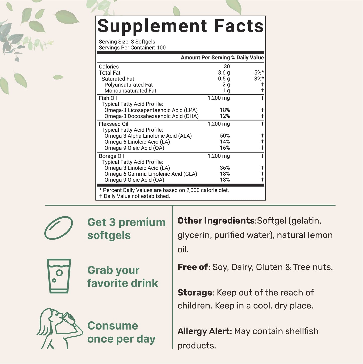 Ultra Omega 3-6-9 3600mg Perserv, 300 Burpless Softgels | Lemon Flavor Micro IngredientsUS supplements