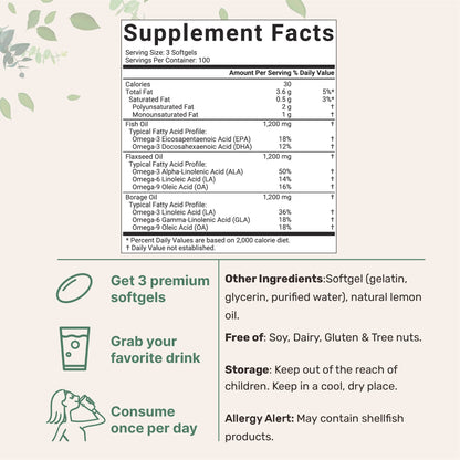 Ultra Omega 3-6-9 3600mg Perserv, 300 Burpless Softgels | Lemon Flavor Micro IngredientsUS supplements