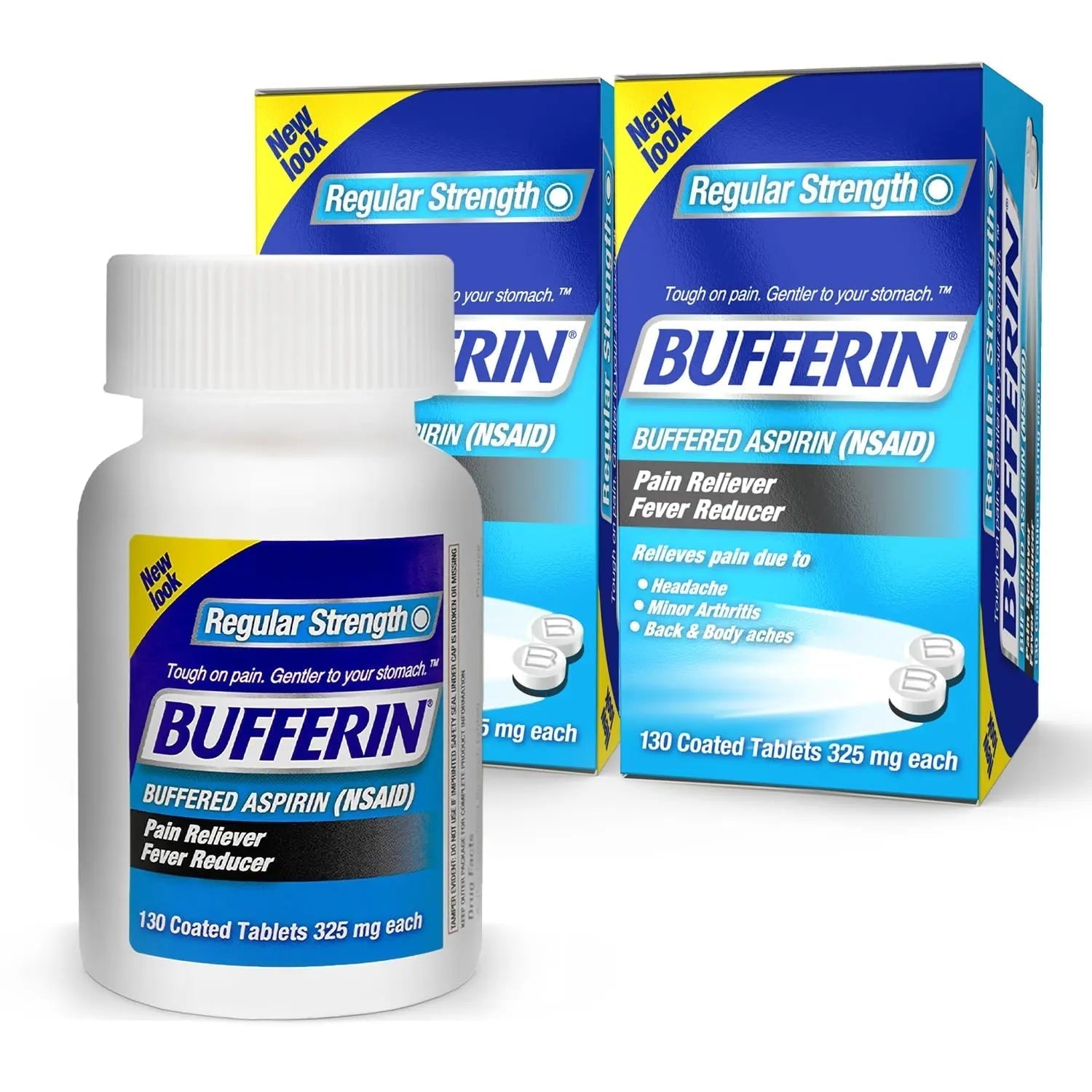 Bufferin Aspirin 325mg, Pain Reliever & Fever Reducer, with 3 Buffering Agents Relieves 7 Types of Pain: Headaches, Back Ache, Arthritis, Muscle Aches & More, for Adults, 130 Coated Tablets, 2-Pack BufferinAu supplements