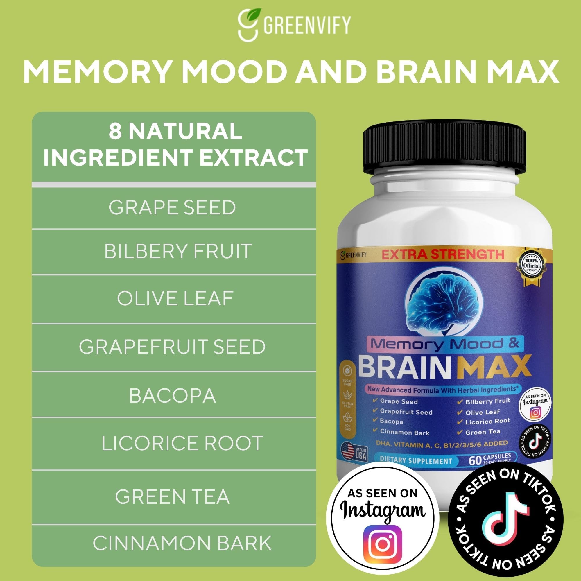 Memory, Mood & Brain Max Extra Strength Supplement with Herbal Ingredients, 60 Capsules, DHA, Vitamins, Bacopa, Green Tea (1) GREENVIFYAu supplements