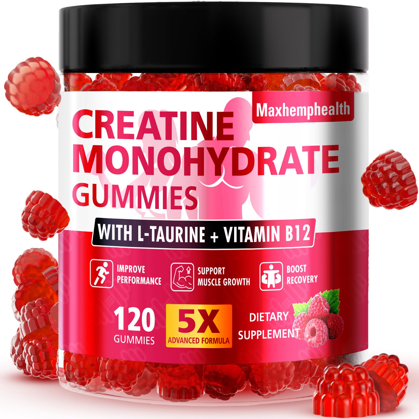 Creatine Gummies for Men & Women, Creatine Monohydrate Gummies 5g, Build Muscle, Strength, Recovery, Cognitive Health & Memory, Pre Workout Supplement, 120 Count Raspberry Chewable Gummy MaxhemphealthAu supplements