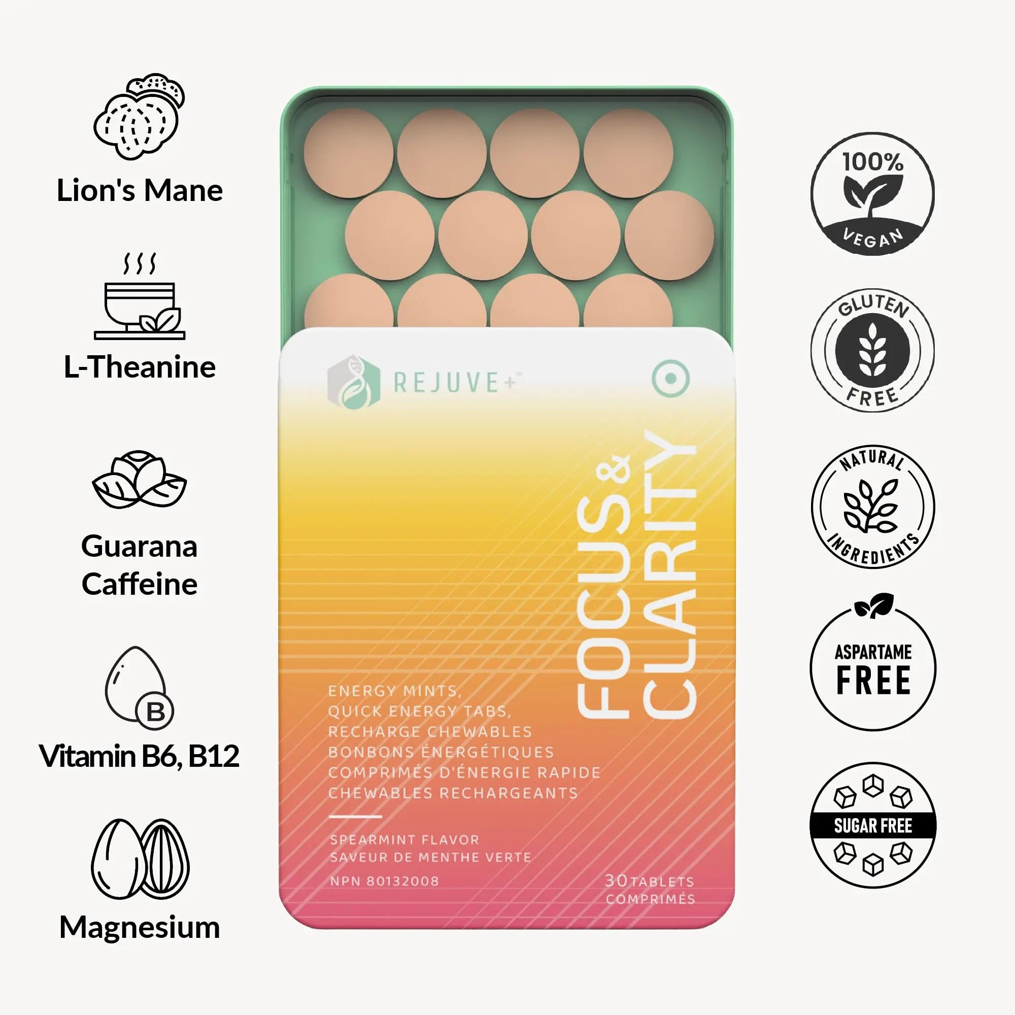 REJUVE+ Focus & Clarity Nootropic Supplement – Brian Boost | L-Theanine, Caffeine, Lion’s Mane, Magnesium, Vitamin B6 & B12 | Brain Support, Memory, Focus & Energy | Mint Flavor (30 Chewables) (1) REJUVE+nz supplements