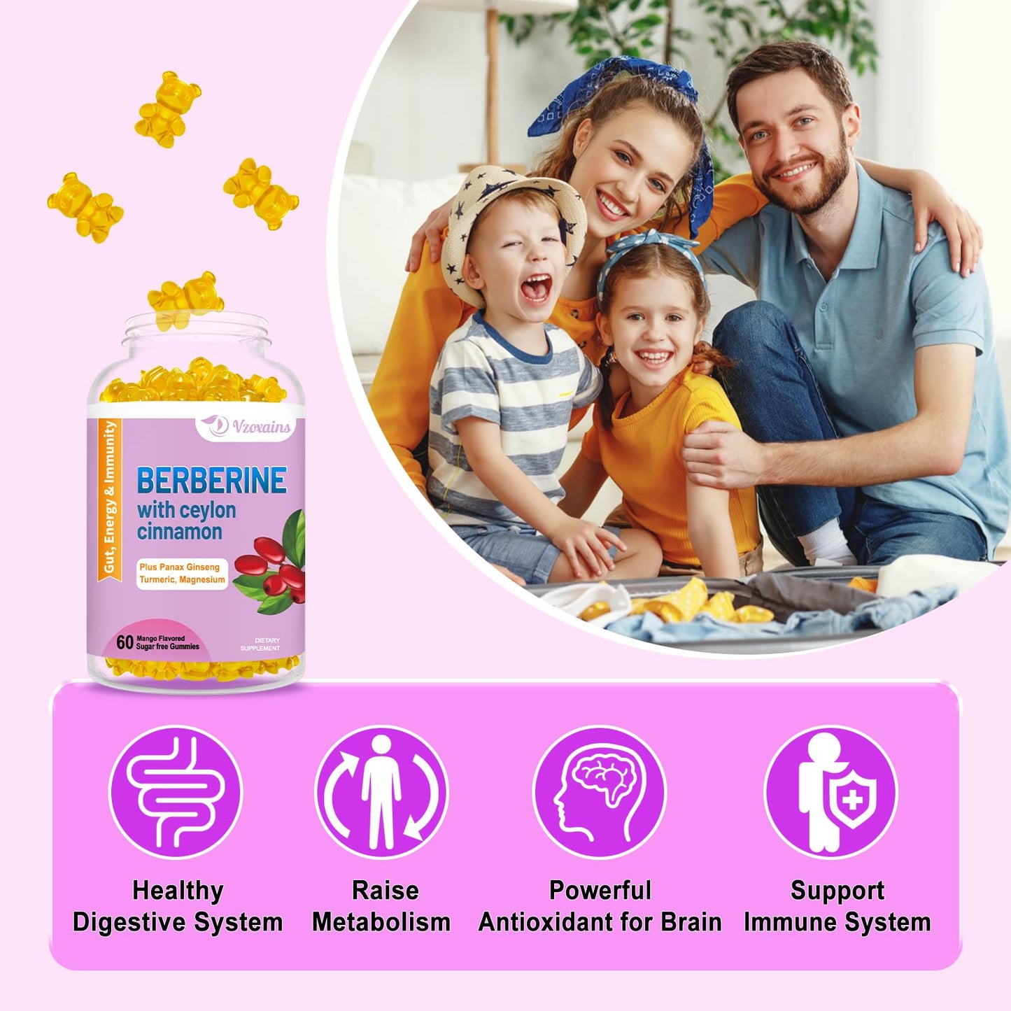 2 Pack Berberine with Ceylon Cinnamon Gummies, 2000mg High Potency Berberine HCI VZOXAINSUS supplements