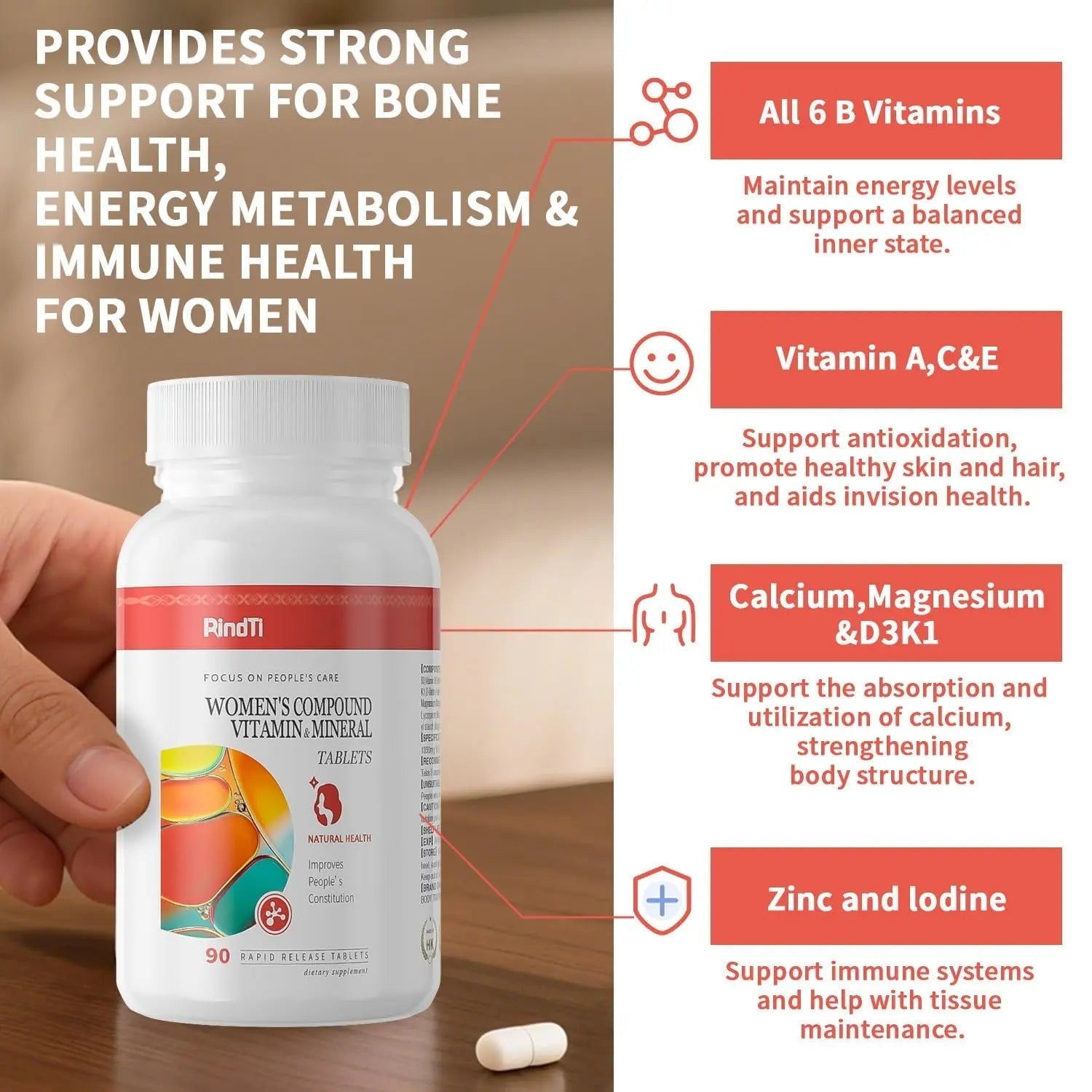 RindTi Multivitamin for Women 50+, Daily Women 50+ Multi-Vitamin with Vitamins A, B,C, E for Energy, & Bone & Immune & Skin& Hair Support, 90 ct RindTiAu supplements