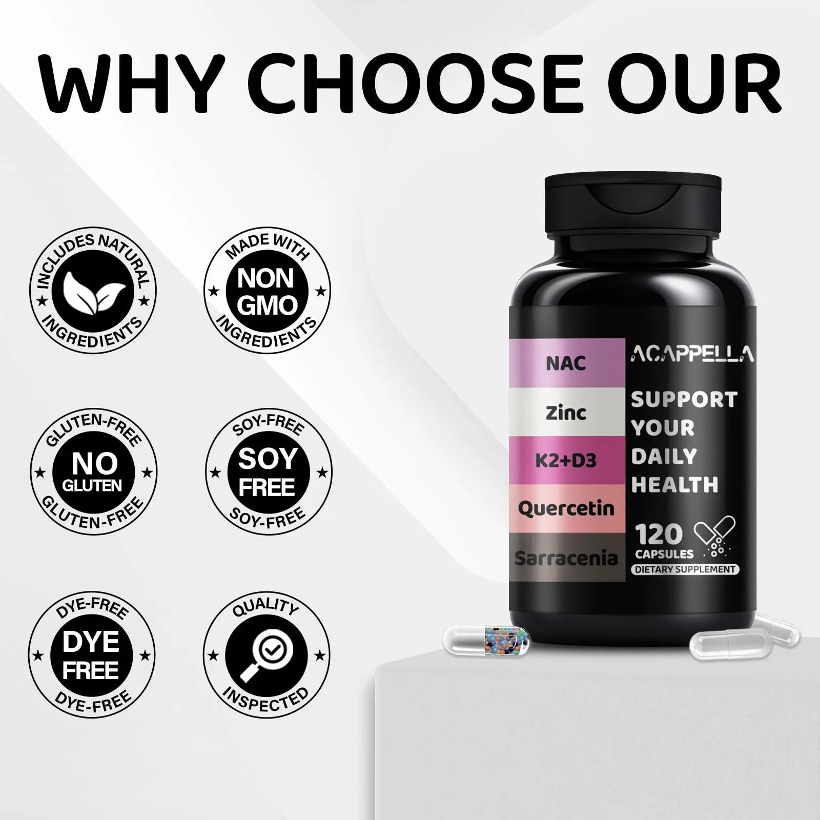 ACAPPELLA N-Acetyl Cysteine Vitamin D3 K2 Zinc Quercetin Sarracenia Purpurea NAC Supplement with Elderberry Holy Basil Bee Propolis Bromelain L-Lysin for Men & Women (1) ACAPPELLAAu supplements