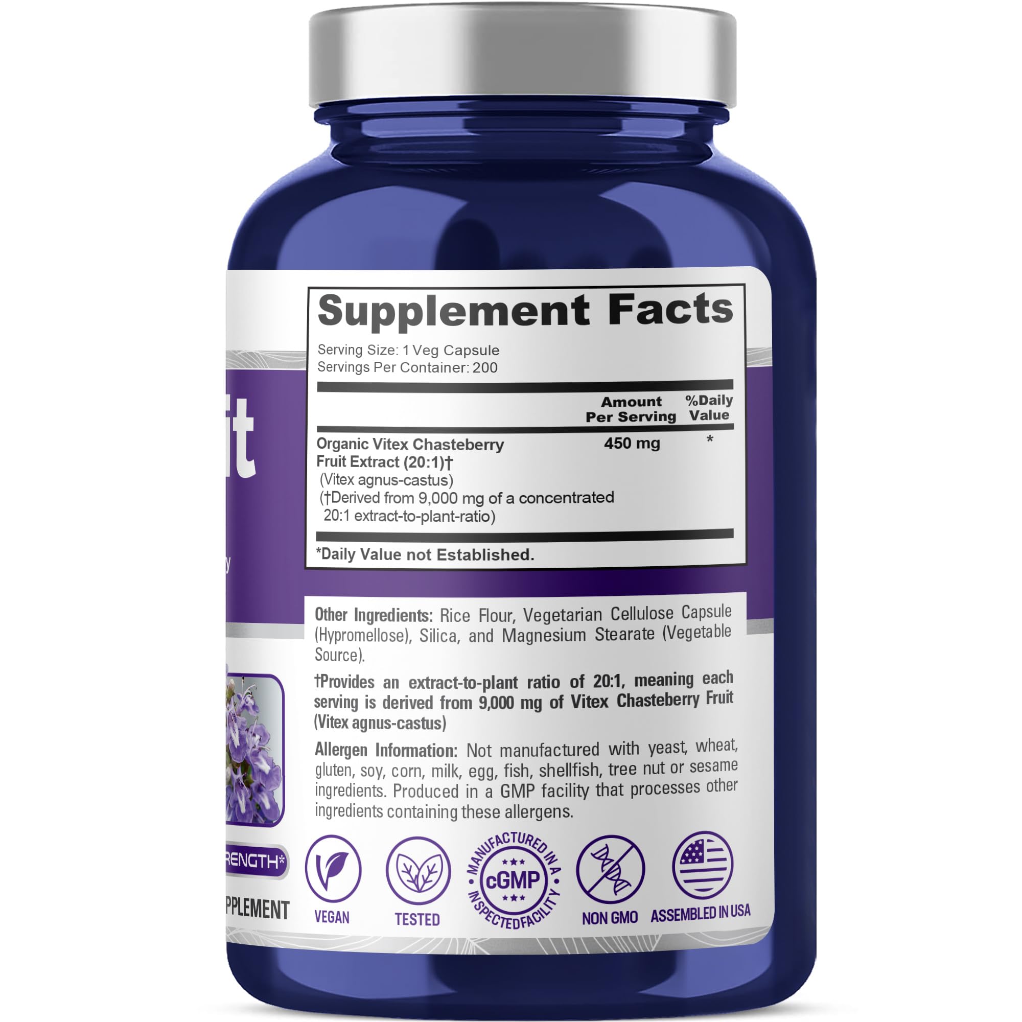 NusaPure Vitex Chasteberry Fruit 20:1 Extract, 450 mg Equivalent to 9,000 mg 200 Vegan Capsules - Non-GMO, Vegan Dietary Supplement NusaPureAu supplements