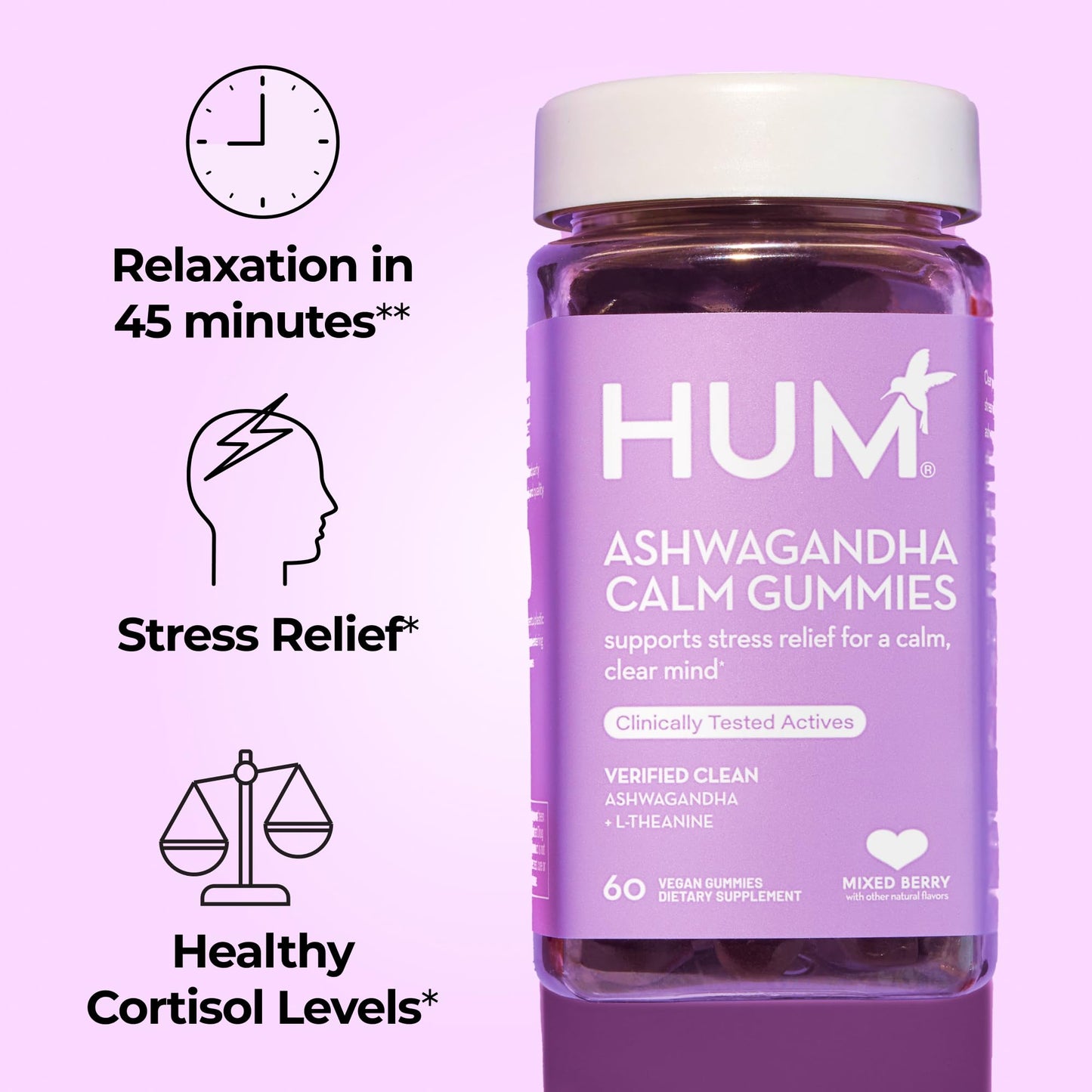 HUM Calm Ashwagandha Gummies for Women and Men, L-Theanine Ashwagandha Supplements for Daily Relaxation & Clarity Support, Vegan Fast Acting Gummy Formula, Mixed Berry Flavor, 60 Gummies HUMUS supplements