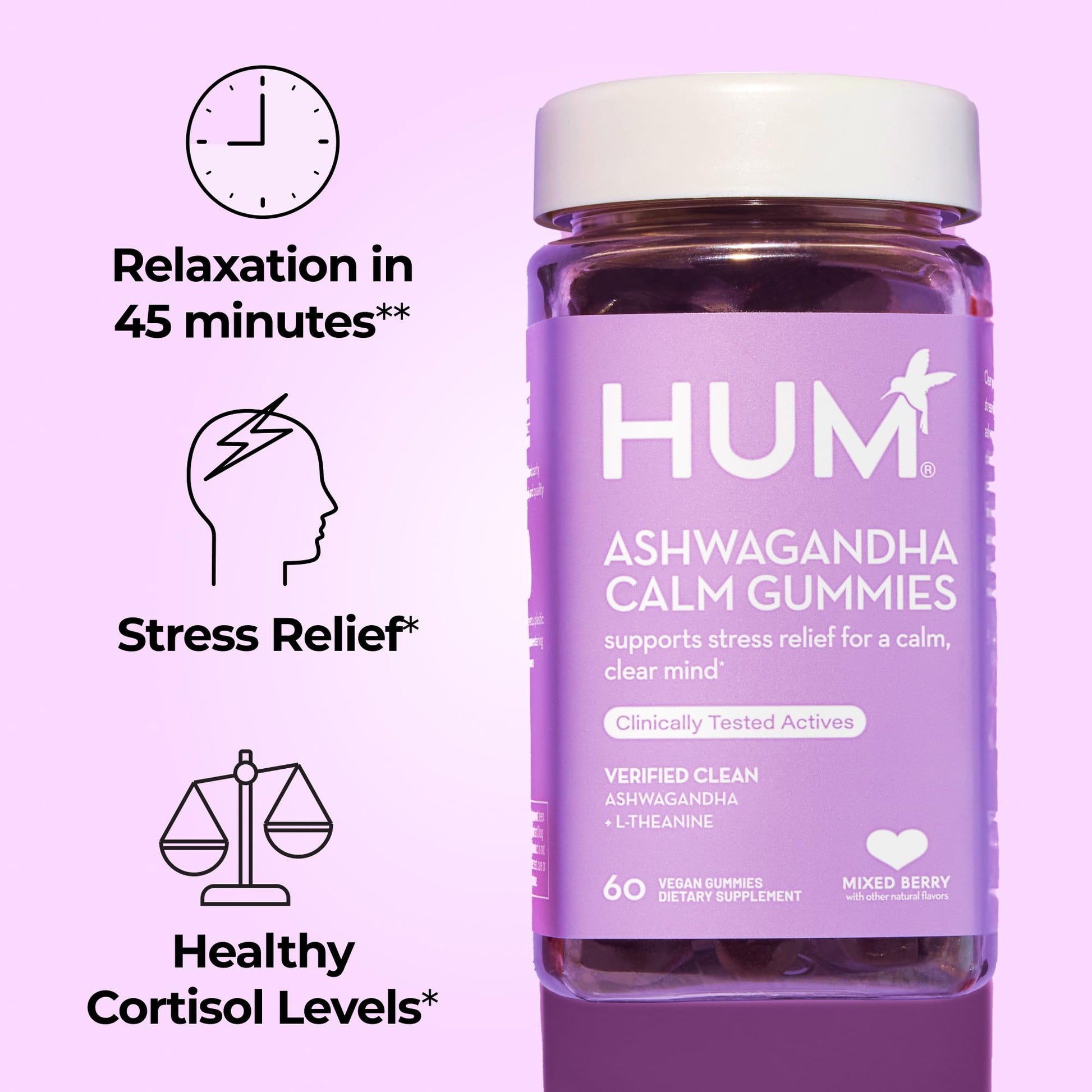 HUM Calm Ashwagandha Gummies for Women and Men, L-Theanine Ashwagandha Supplements for Daily Relaxation & Clarity Support, Vegan Fast Acting Gummy Formula, Mixed Berry Flavor, 60 Gummies HUMUS supplements