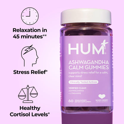HUM Calm Ashwagandha Gummies for Women and Men, L-Theanine Ashwagandha Supplements for Daily Relaxation & Clarity Support, Vegan Fast Acting Gummy Formula, Mixed Berry Flavor, 60 Gummies HUMUS supplements