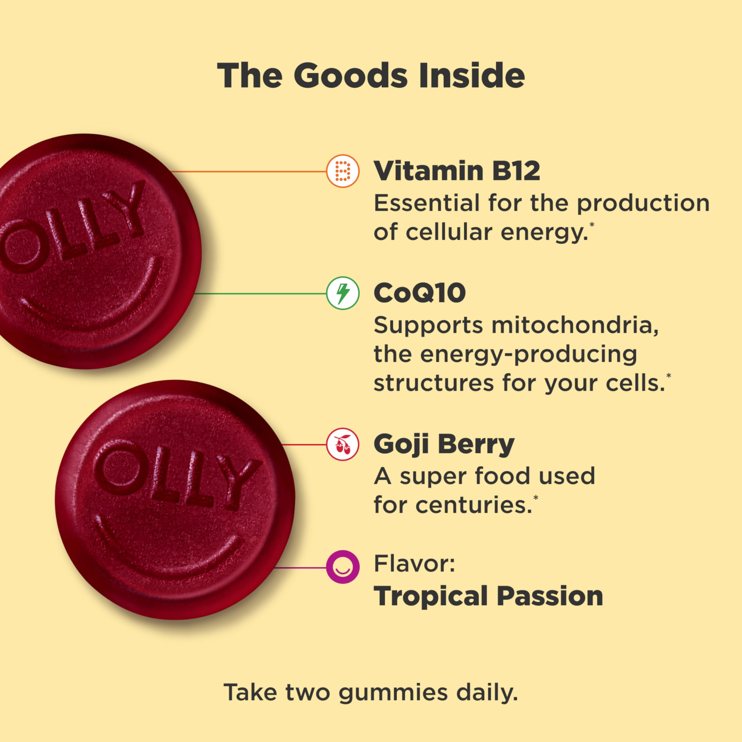 OLLY Daily Energy Gummy, Caffeine Free, Vitamin B12, CoQ10, Goji Berry, Adult Chewable Supplement, Tropical Flavor - 60 Count OLLYAu supplements