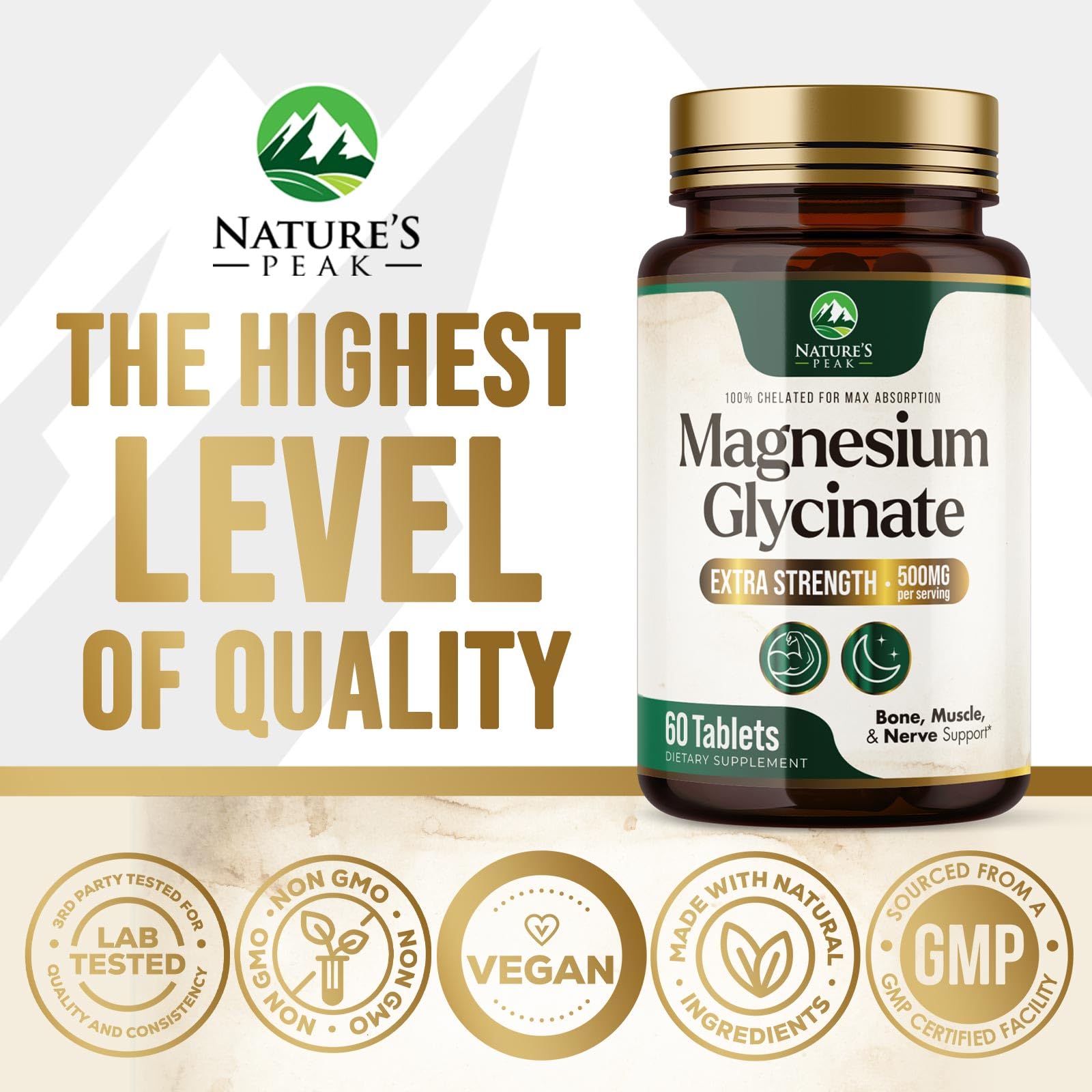 Magnesium Glycinate 500mg Per Serving - High Absorption Chelated Magnesium Supplement for Muscle, Bone and Heart Health Support - Easy Digestion & Gentle on Your Stomach - USA Bottled - 60 Tablets Nature's PeakAu supplements