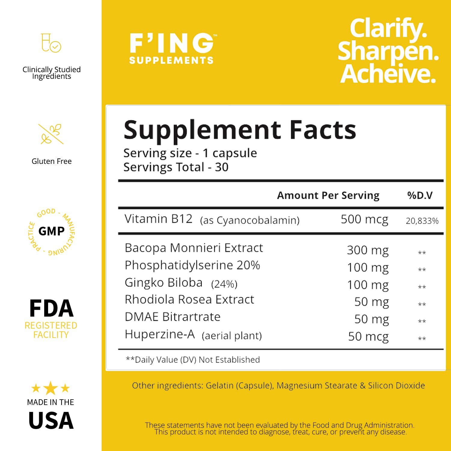 F'ing Clarity - Clarity, Memory + Brain Boosting Nootropic Supplement | Bacopa Extract, Phosphatidylserine 20%, Gingko Biloba Extract, Rhodiola Rosea Extract, DMAE Bitrartrate, B-12, Huperzine A F'ingAu supplements